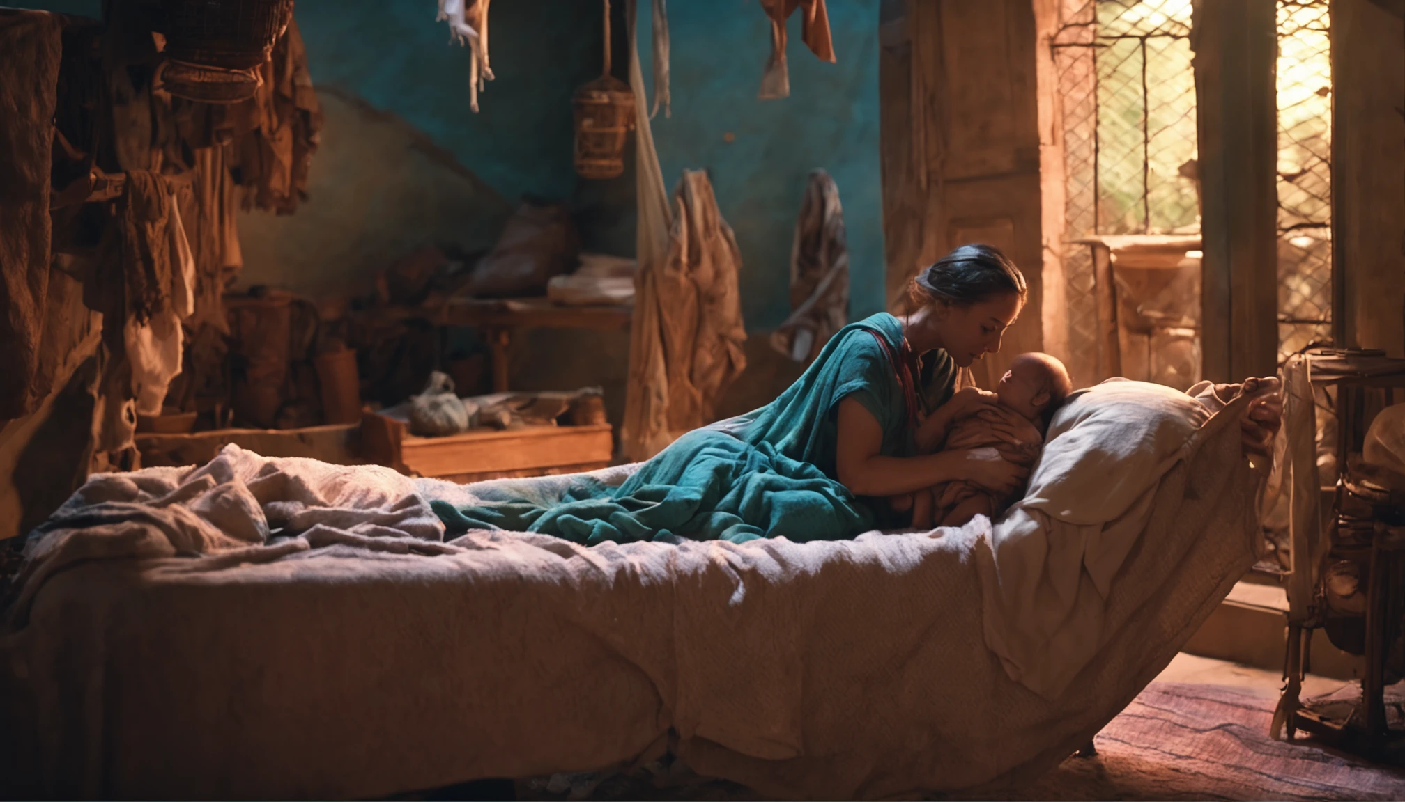 a woman in Israeli clothing in a scene of giving birth to a baby