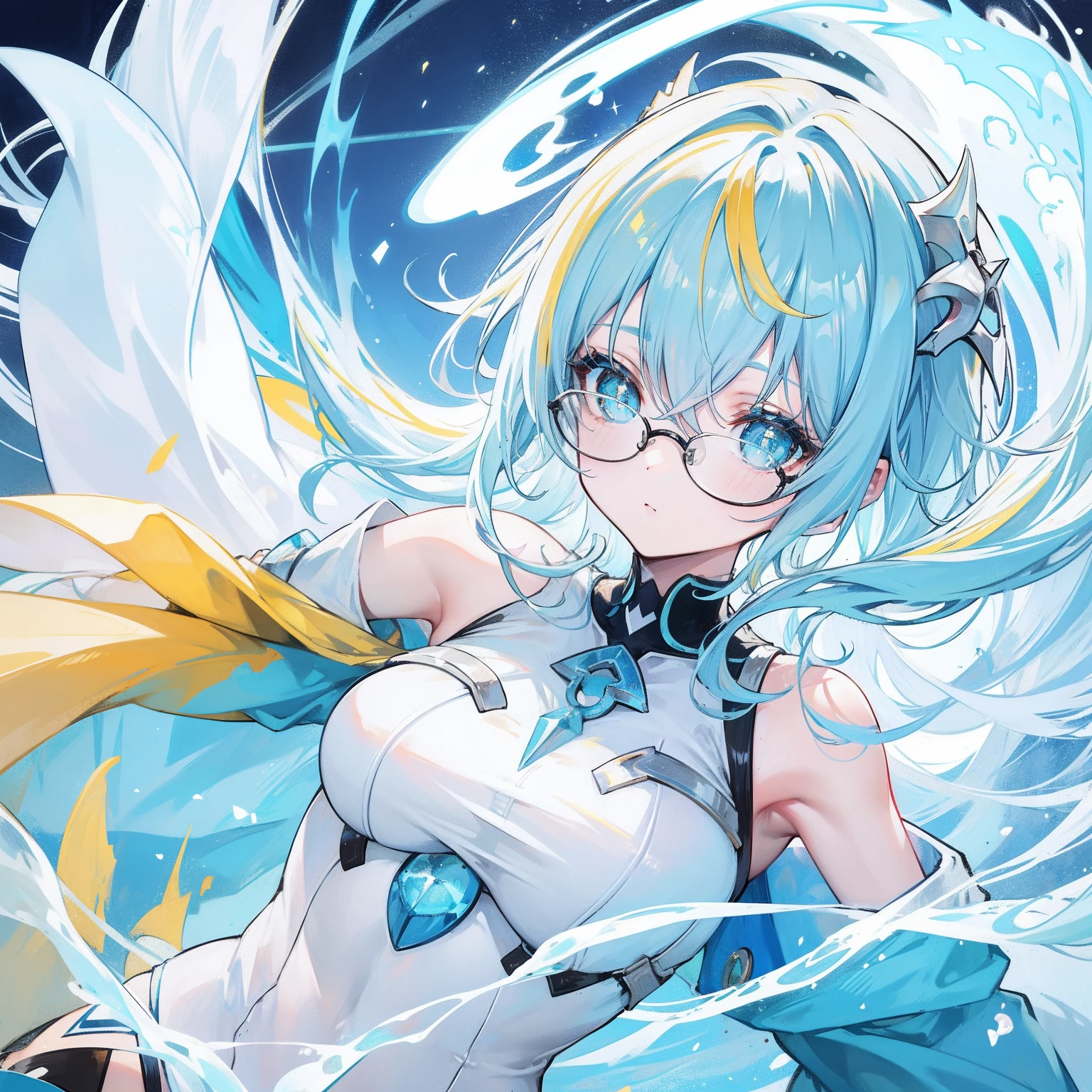 light blues,Yellow hair,Fluorescent milky white,Blue-pink pupils,Black thick-rimmed glasses,Yellow, Blue and white clothes,Super nice looking, Particularly sweet and cute female Aquaman,Light of faith