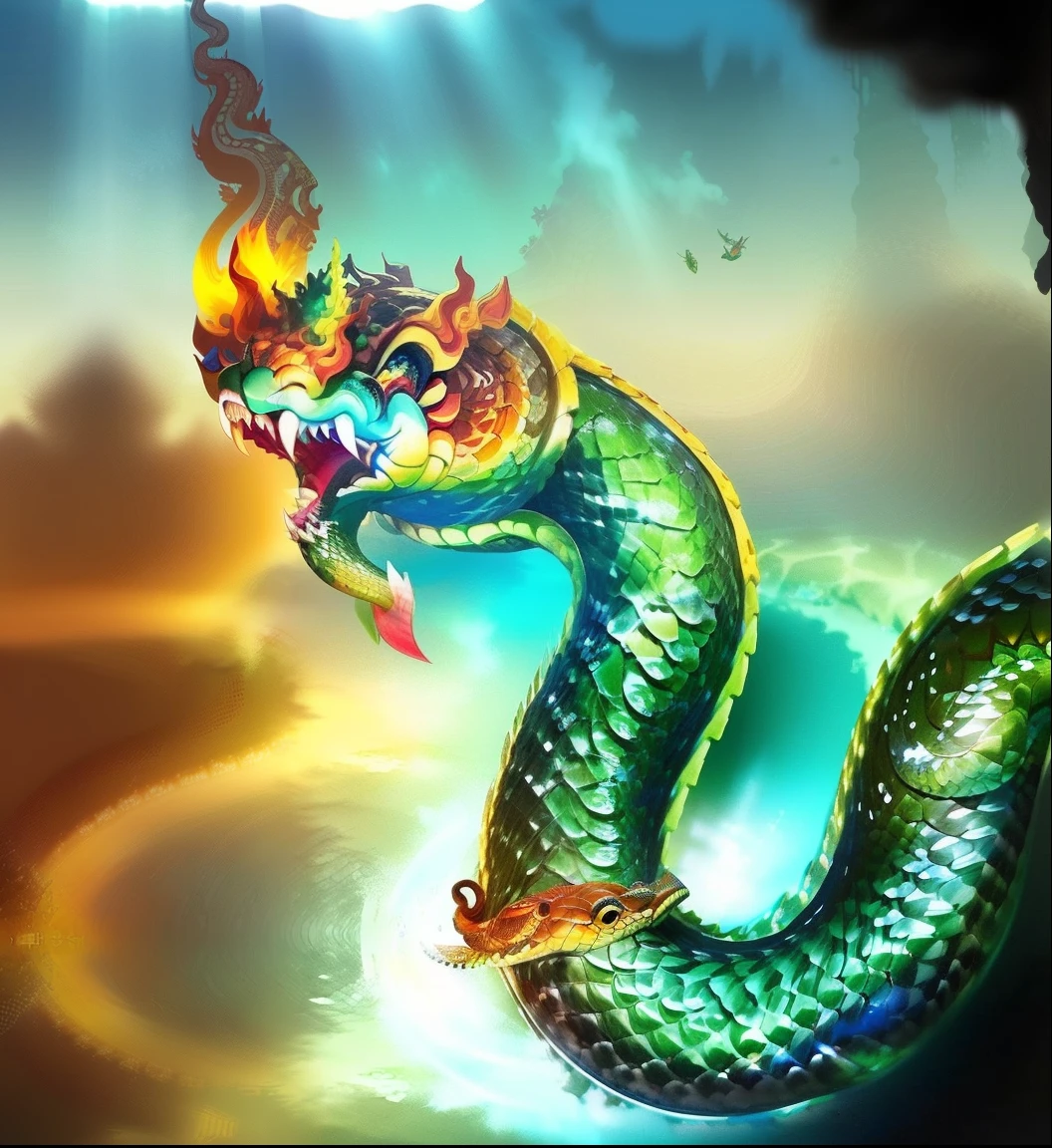 There is a dragon statue in the middle of an underwater cave., snake, naga-tirr, serpentine water monster, Sea snake, snake, Naga-Hakash, snake, Great mysterious winged snake, beautiful image, Portrait of the Holy Serpent, Octopus snake long hell, Ethereal eel, Jormungun, snake