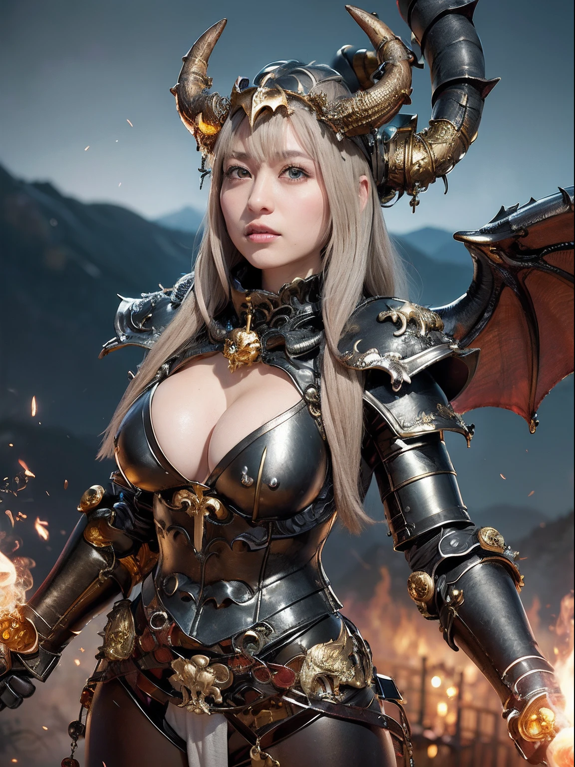 Professional , masterpiece、top-quality、photos realistic , depth of fields 、(Dragon Black Metal Body:1.9),(Mattretto、(cleavage of the breast)、Dragon Gold Weapon、(Micro Bikini Armor:1.4),Gorgeous gold weapons ,Particles of light、Particles of light、(( Dragon's dense and gorgeous sword)) , (demonic wings)、((a blond))、(Castle background)、Fight dragons、((Gangle's forest background))、Take intense poses、Beautiful Caucasian beauty、1a person、dynamic ungle,(((Detailed and ornate dragon helmet)))、Smaller head、A smile、Castle background、Thin and beautiful female hands、cleavage of the breast、Soldier in iron armor on background、Mystical expression、Light Effects、intense fighting、Wind-effect、magic circles、With the legendary magic wand、Dragon's tail、explosions、