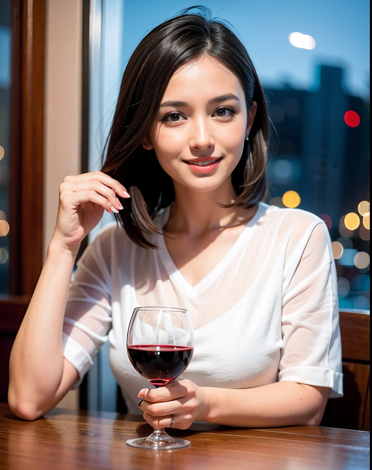 (64K, UHD, top quality, masterpiece: 1.2), (realistic, photorealistic: 1.37), super detailed, pretty woman 1 person, (slim face), (slim body), (brown hair), (short cut), cheeks slightly blushing, (44 years old), 38 years old, solo, beautiful detailed urban night view outside the window, restaurant, wine glasses sit, at night, in a prominent placeNovaFrogStyle, Actress, Model, Waist Up, White Wine, Slim, Wine Glass, Super Clean Night View, Wine Glass Put in the Middle, Happy Smile, (Smile: 1.15), Beautiful Fine Eyes, Upper Body, Bust Japan Up, Night, Short, Short, Actress, Model, Waist Up, White Wine, Slim, Wine Glass, Super Clean Night View, Wine Glass Put in the Middle, Happy Smile,