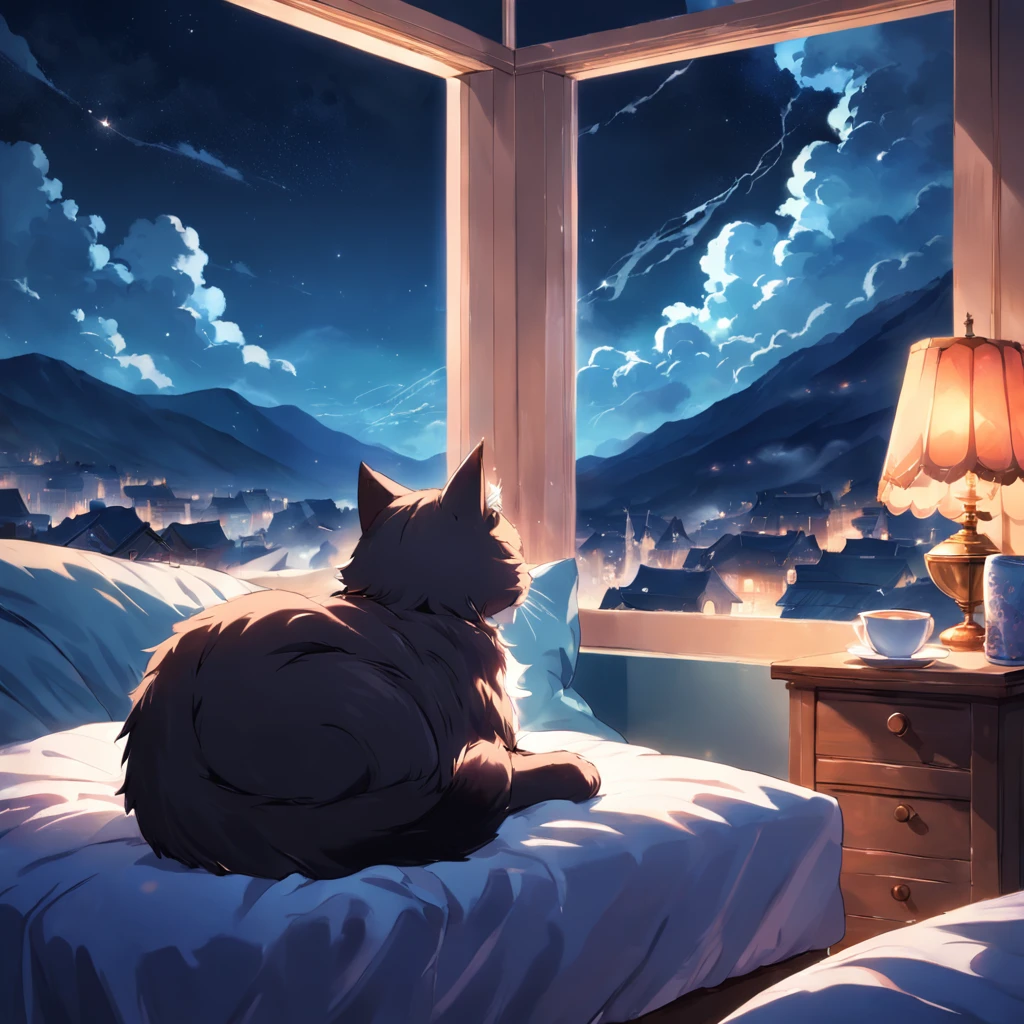 cat sleeping, cup of tea with steam, pillow,window with beautiful landscape, night sky, stars.