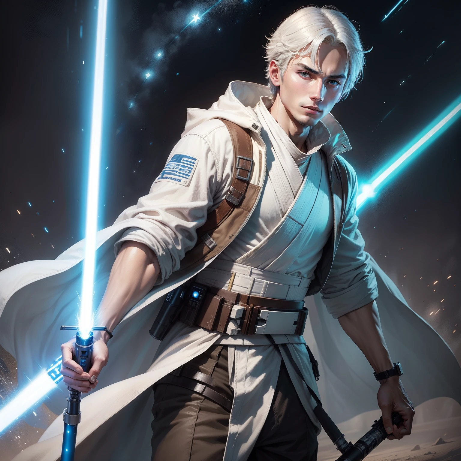 Draw a man with a lightsaber，white color hair，brown clothes，Obi-Wang，Blue lightsaber，4k，the detail，high qulity，star war