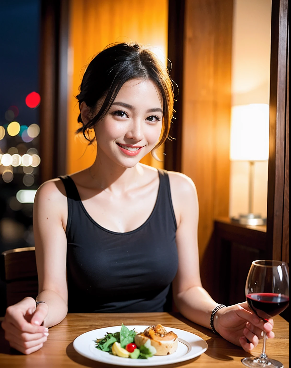 (64K, UHD, top quality, masterpiece: 1.2), (realistic, photorealistic: 1.37), super detailed, pretty woman 1 person, (slim face), (slim body), (brown hair), (short cut), cheeks slightly blushing, (44 years old), 38 years old, solo, beautiful detailed urban night view outside the window, restaurant, wine glasses sit, at night, in a prominent placeNovaFrogStyle, Actress, Model, Waist Up, White Wine, Slim, Wine Glass, Super Clean Night View, Wine Glass Put in the Middle, Happy Smile, (Smile: 1.15), Beautiful Fine Eyes, Upper Body, Bust Japan Up, Night, Short, Short, Actress, Model, Waist Up, White Wine, Slim, Wine Glass, Super Clean Night View, Wine Glass Put in the Middle, Happy Smile,