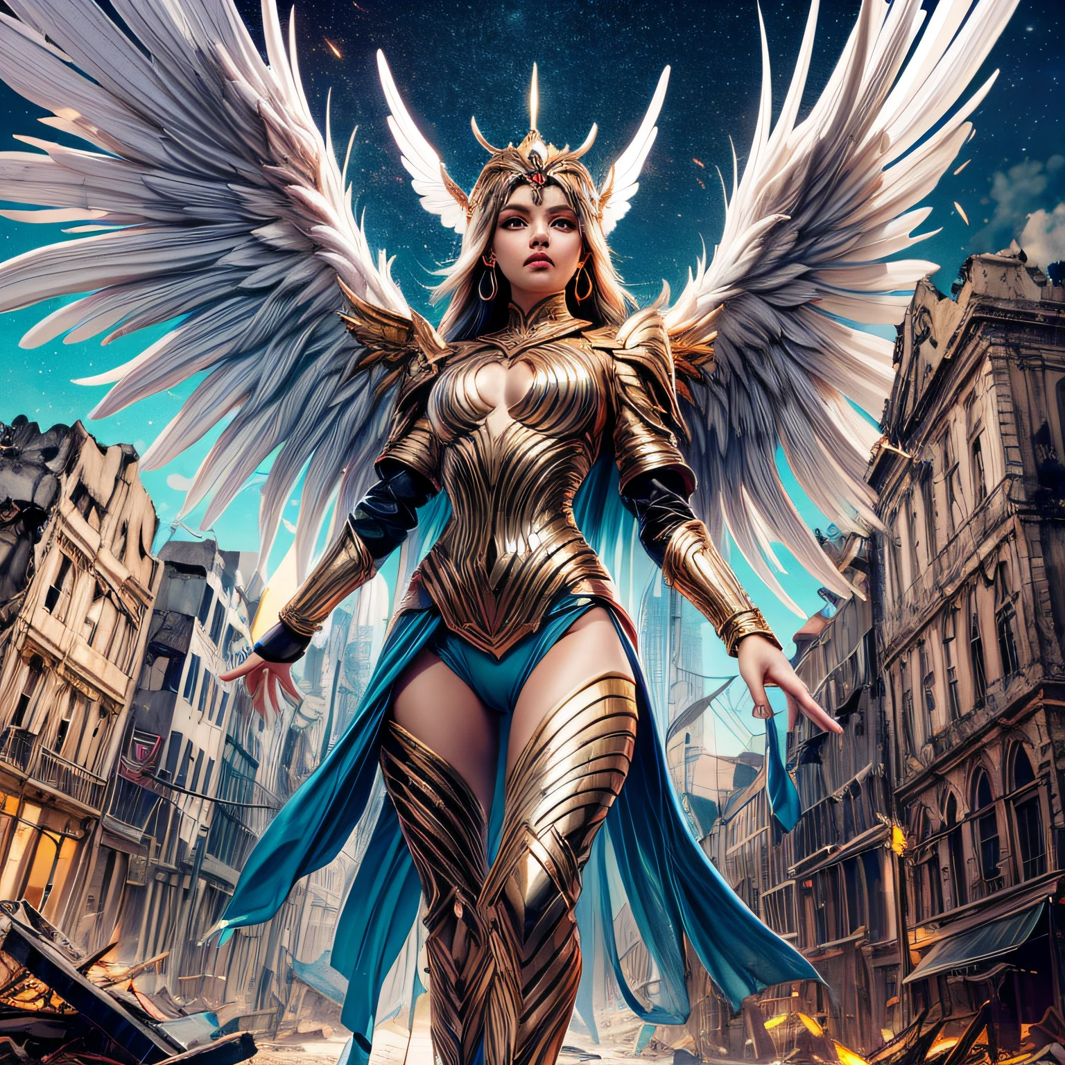 (imagem extremamente detalhada), (corpo inteiro:1.5), (angel femele appearance:1.3), (Asas angelicais gigante:1.4), (olhos flamejantes, olhos brilhantes, brilho sobre os olhos), (roupas brancas), (Extreme display of power:1.3), (riqueza no detalhe das roupas), apocalipse, anjo,  seres celestiais, poder, fim do mundo, (riqueza nos detalhes), (poderes envolvendo e intrincados), Scenery of a destroyed city, fim dos tempos,
