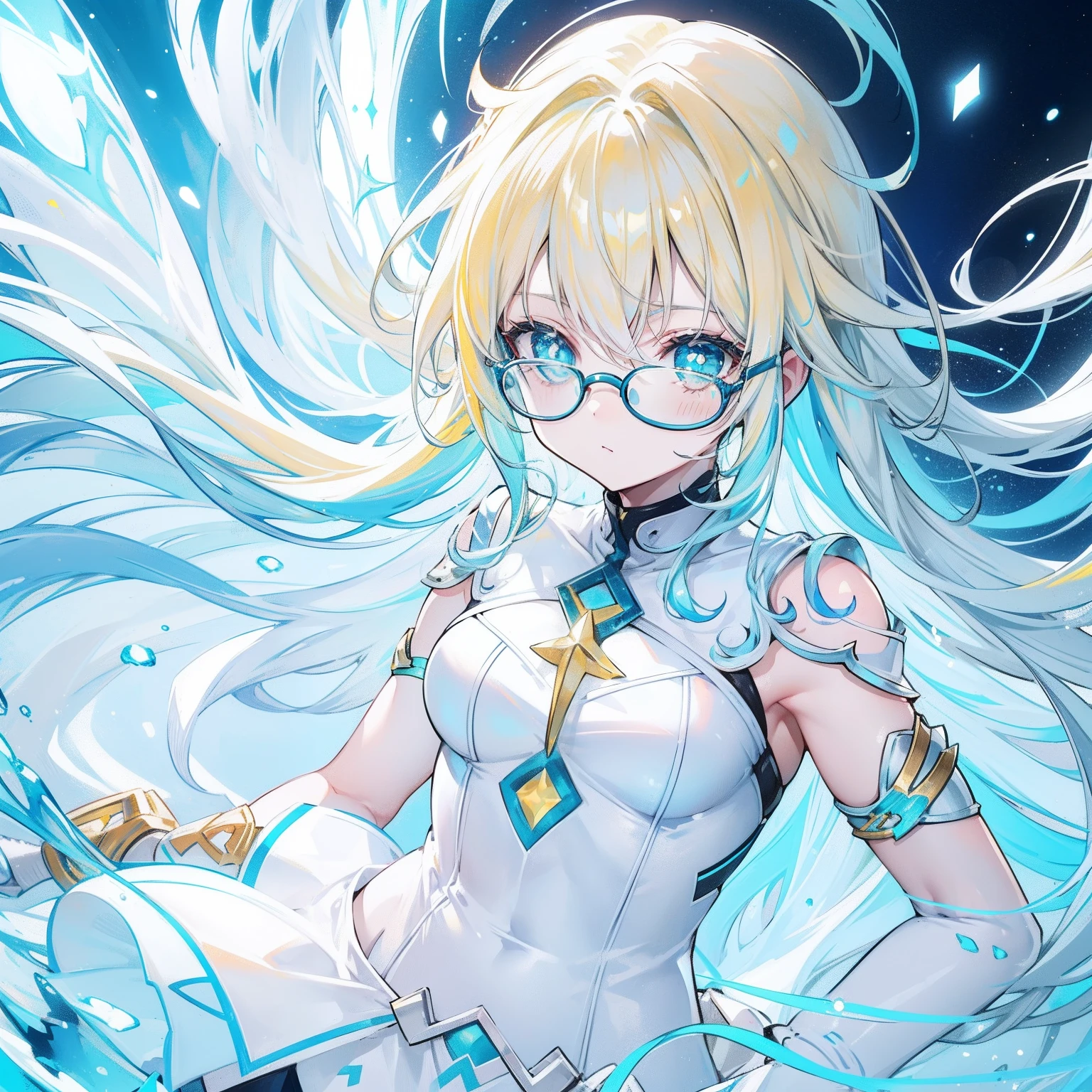 light blues,Yellow hair,Fluorescent milky white,Blue-pink pupils,Black thick-rimmed glasses,Yellow, Blue and white clothes,Super nice looking, Particularly sweet and cute female Aquaman,Light of faith