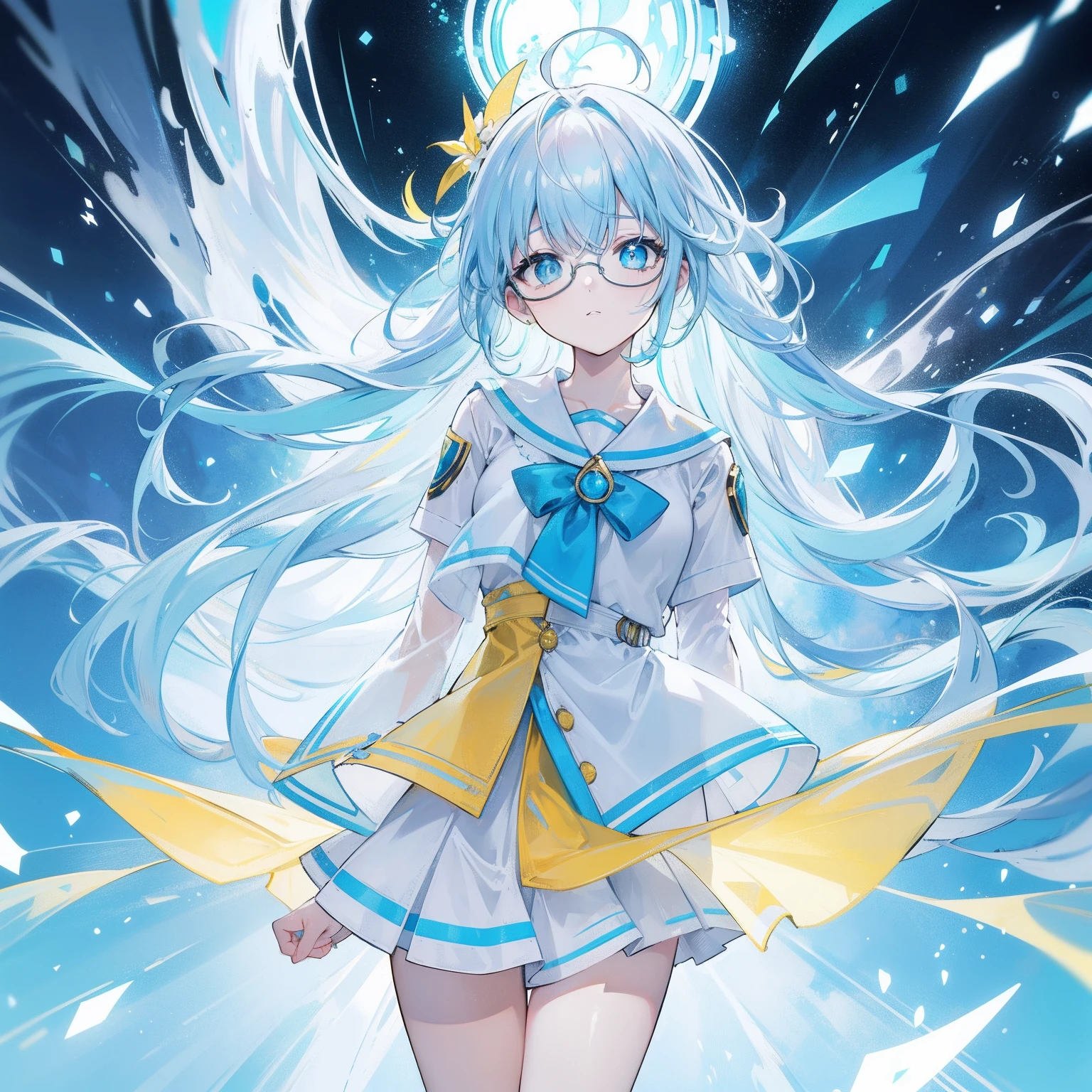 light blues,Yellow hair,Fluorescent milky white,Blue-pink pupils,Black thick-rimmed glasses,Yellow, Blue and white clothes,Super nice looking, Particularly sweet and cute female Aquaman,Light of faith