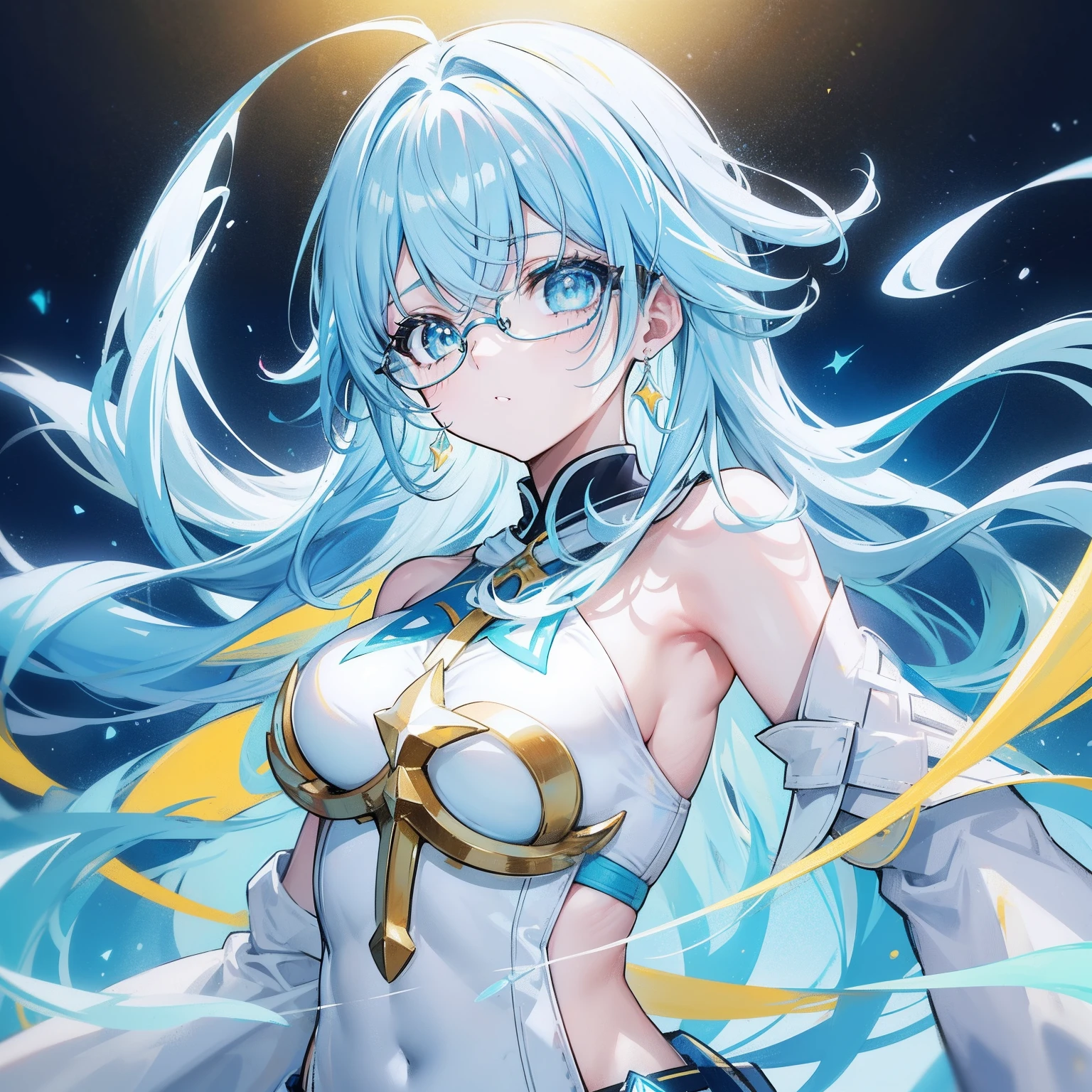 a lot of details, detailed light blue hair, beautiful detailed hair, super fucking beautiful, delicate beautiful face, complex details beautiful and delicate eyes, perfect hands, (large chest best quality:1.5), perfect and delicate limbs, detailed skin, best quality, ultra-detailed,
long-focus,
1 girl, cute, young, medium hair, brid style hair, yellow eyes, crop , black skirt, thigh high,