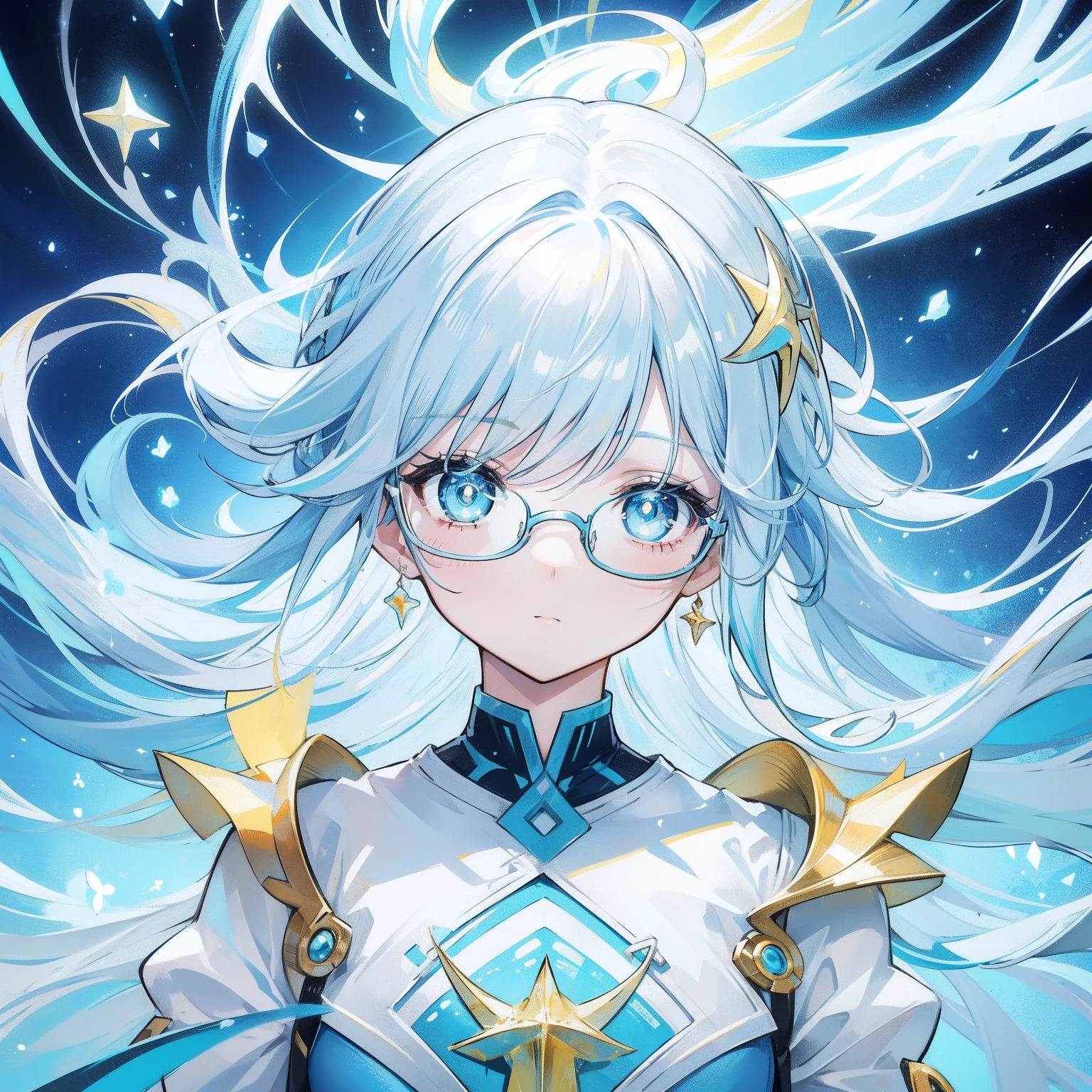 light blues,Yellow hair,Fluorescent milky white,Blue-pink pupils,Black thick-rimmed glasses,Yellow, Blue and white clothes,Super nice looking, Particularly sweet and cute female Aquaman,Light of faith