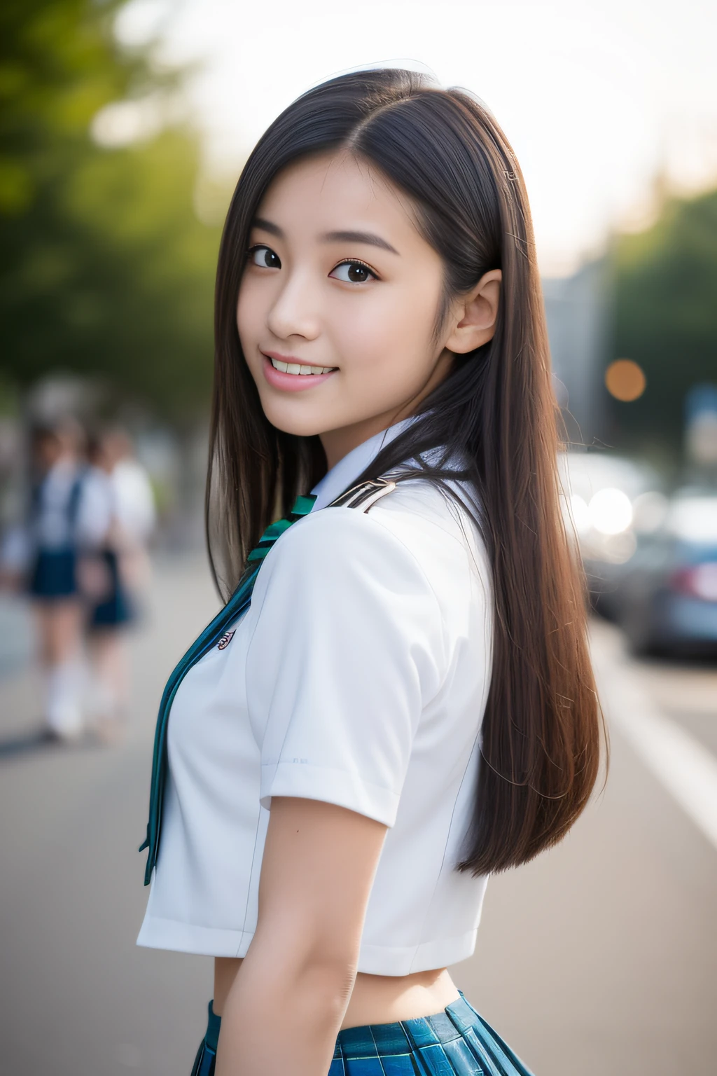 (best qualtiy,8K,tmasterpiece:1.3),(sharp fokus:1.2),(one-girl:1.2),(perfect body figure:1.4),(Slim abs:1.1),(Japanes girl' high school uniform:1.2),Street photography,rays of sunshine,Fine face,beautidful eyes,Straight legs。