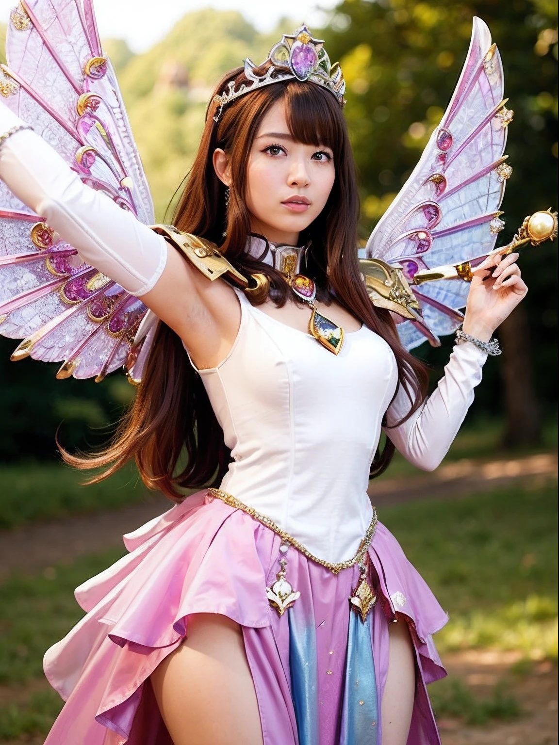 (masutepiece), Professional , ​masterpiece、top-quality、photos realistic , depth of fields （Gemstone Silver Metal Body:1.９),(Matt W White Pink、Jewel Gold Weapon、（Gorgeous castle background）、（ultimate beauty girl）、（Rainbow fairy wings grow）、Particles of light、（Metal body of iridescent gemstones:1.９),Gorgeous Jewel Metal Weapons , Detailed Sword of the Brave ,（ a blond）   ,warhammer 40k , adepta sororitas,Detail and ornate jewel crown、独奏、Brown hair、Mystical expression、（Gangle's forest background）、Beautiful Caucasian beauty、１a person、dynamic ungle,(((Diamond tiara with detail and luxury)))、a small face、Powerful poses、（Gorgeous castle background）、huge filesize、20 year old beautiful woman、Stand in the center of the screen、Thin female fingers、Straight long hair、Beautiful Caucasian beauty、（maikurobikini）、Hair fluttering in the wind、face forwards、Look at viewers、（Armpit）、Armpit、