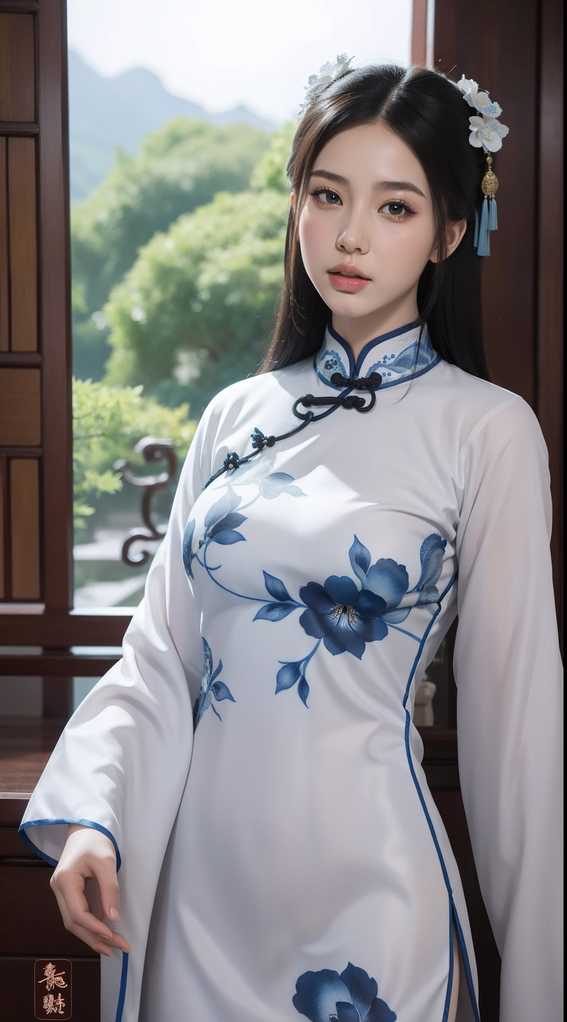 Blue and white porcelain style，China Cheongsam，The cheongsam is decorated with a blue and white pattern，ancient china art style，Fashion model 18 years old [[[[closeup cleavage]]]], [[[[boobgasm]]]], [[[[coll]]]], [[[[bshoulders]]]], perfect  eyes, Perfect iris，Perfect lips，perfect teeth，Perfect skin，with fair skin，Soft front light，hdr，Movie girl，long whitr hair，The expression was melancholy，The background is an ancient Chinese interior，4K Ultra HD, 超高分辨率, (Photorealistic: 1.4), Best quality，Masterpiece，Utra dilution，（pastel colour：1.2）