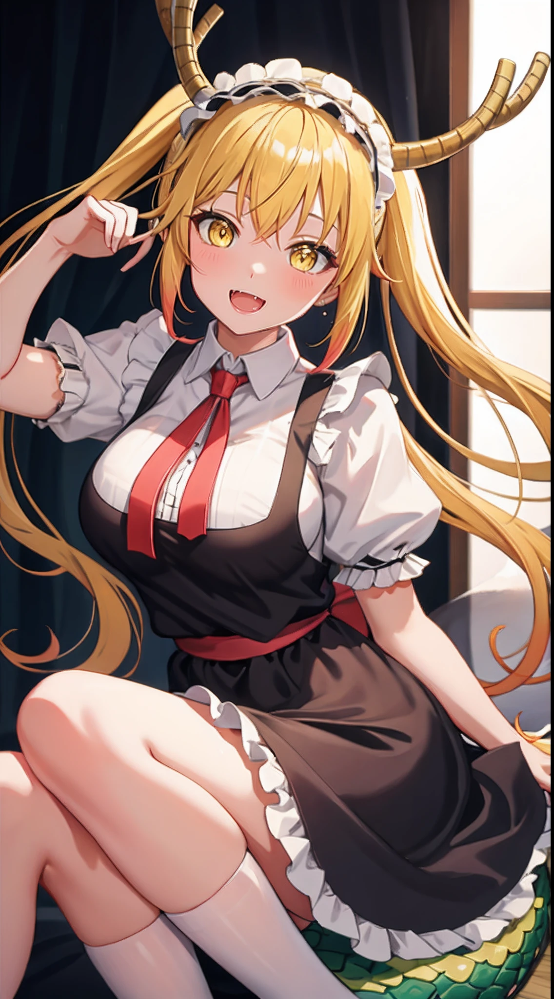 Masterpiece, high quality, high definition), 8k, natural lighting, elegant, voluptuous:0.6, looking at viewer, 1girl, female, solo, blush, open mouth, smile, teeth, sfw, tohru, blonde hair, dragon girl, dragon tail, fang, hair between eyes, horns, large tail, long hair, scales, tail, twintails, (yellow eyes:1.5), slit pupils, bow, frills, maid, maid headdress,