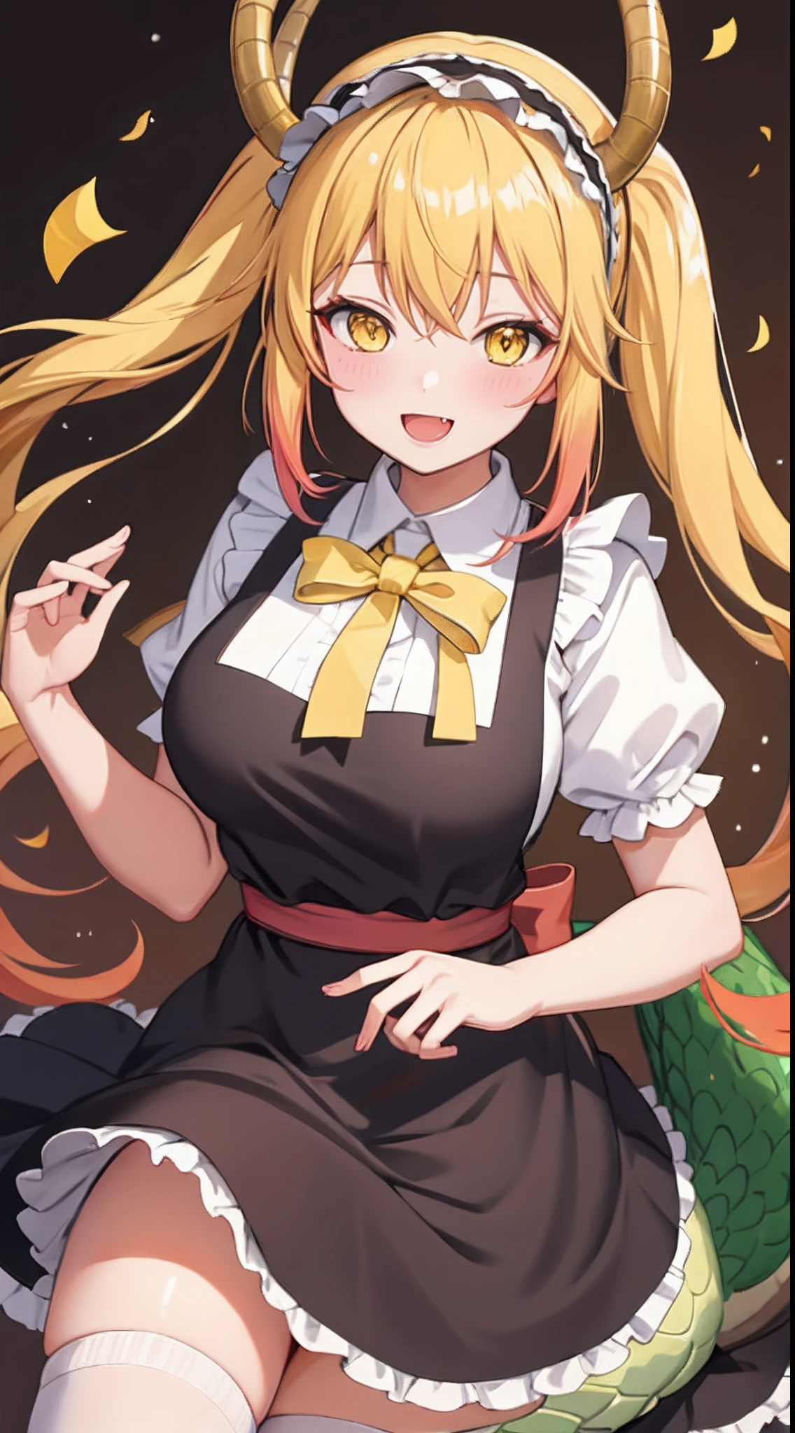 Masterpiece, high quality, high definition), 8k, natural lighting, elegant, voluptuous:0.6, looking at viewer, 1girl, female, solo, blush, open mouth, smile, teeth, sfw, tohru, blonde hair, dragon girl, dragon tail, fang, hair between eyes, horns, large tail, long hair, scales, tail, twintails, (yellow eyes:1.5), slit pupils, bow, frills, maid, maid headdress,