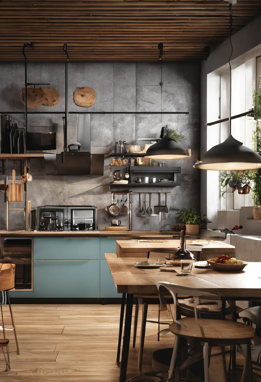 crie uma cozinha planejada, com um conceito moderno e industrial
