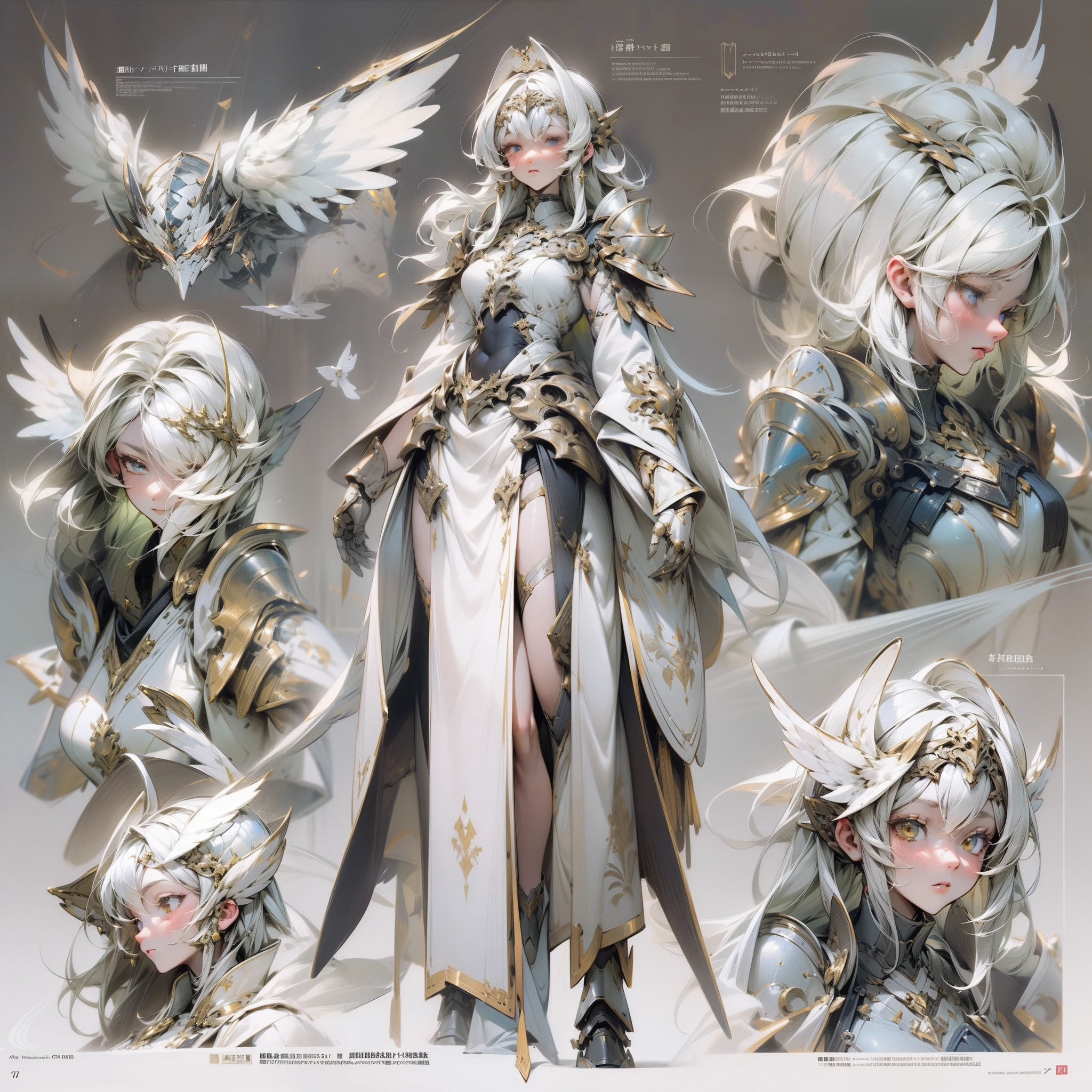 ((Masterpiece, Highest quality)), Detailed face, CharacterDesignSheet, full bodyesbian, Full of details, Multiple poses and expressions, Highly detailed, Depth, Many parts,beuaty girl,cinmatic lighting,with light glowing,Armour,mechs,long white robe,large wings,