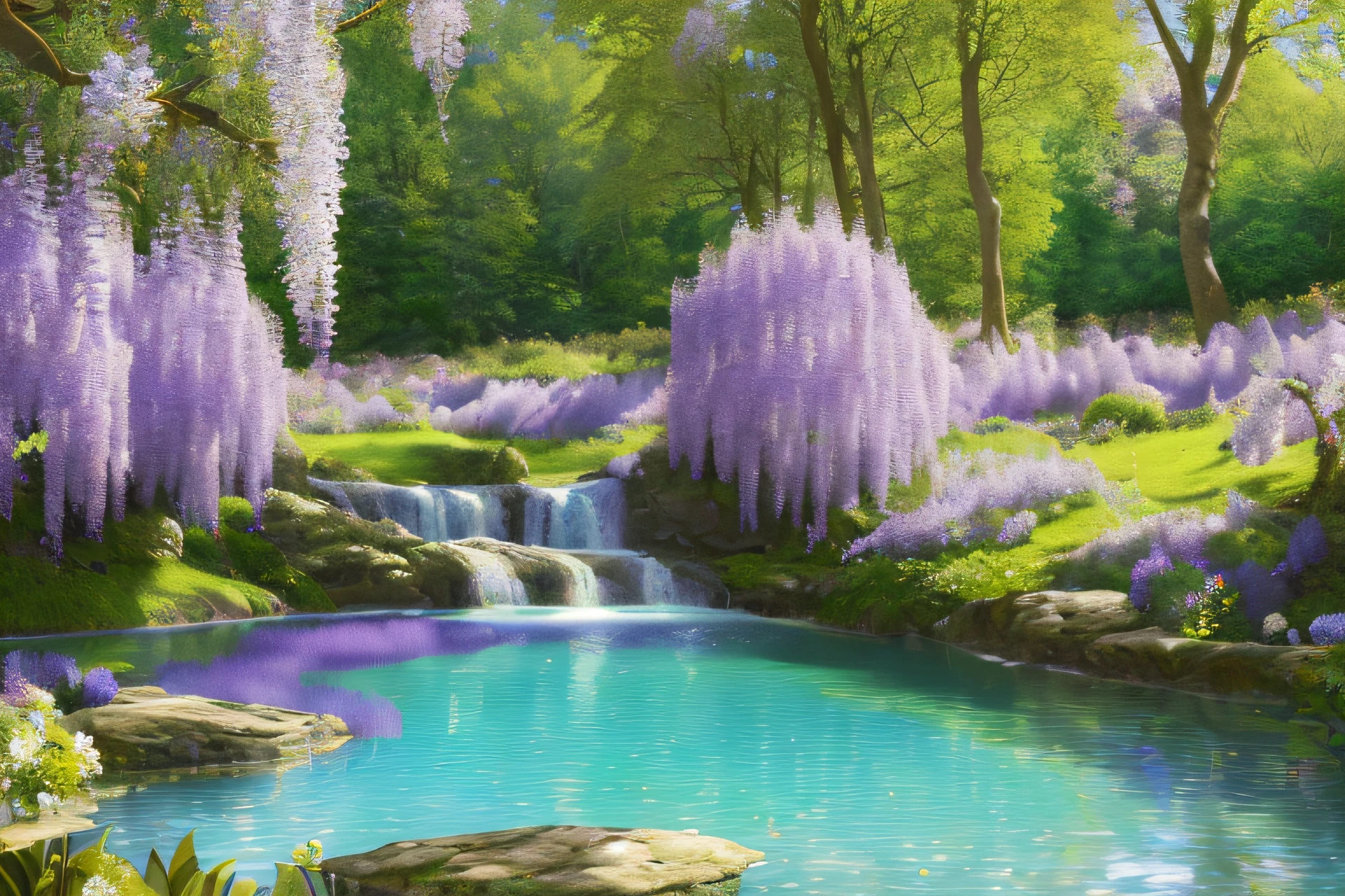 Spring forest landscape  , crystal-clear water, Bright azure sky, Wisteria flowers ,(highly detailed CG unit 8k wallpaper), The most beautiful works of art in the world, Professional majestic oil painting, complex, high detailing, foco nítido, drama, The art of photorealism painting, Alma Tadema