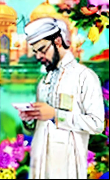 araffe man in white shirt and glasses looking at cell phone, muslim, dressed thobe, arab man light beard, ismail, looking at his phone, kyza saleem, inspired by Amir Zand, sheikh, riyahd cassiem, inspired by Ismail Acar, wearing a kurta, mohamed chahin style, handsome man, mohamed chahin