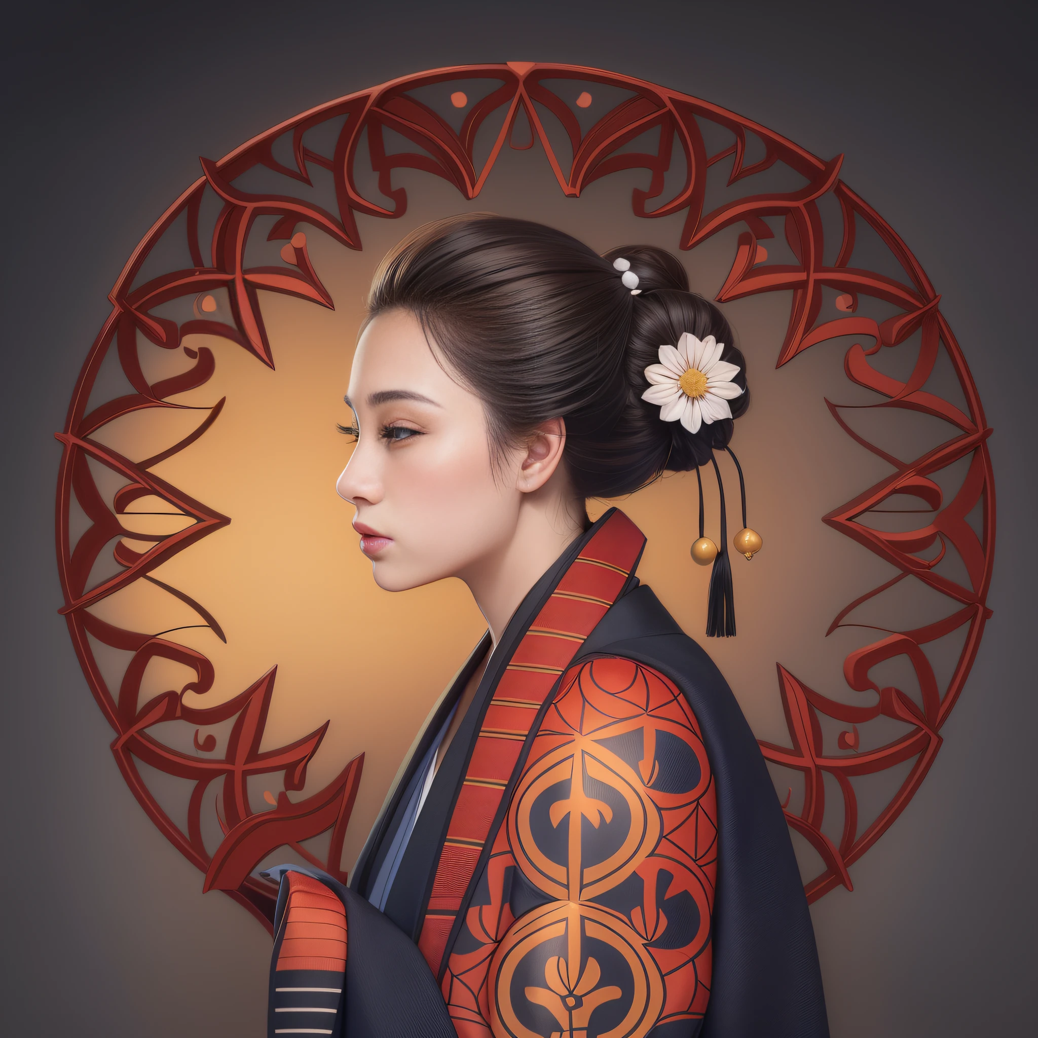 Mulher com um leque e uma flor no cabelo, Retrato da gueixa, Deusa japonesa, mulher japonesa elegante, Retrato de uma gueixa, Retrato de uma gueixa bonita, Mulher japonesa, gueixa japonesa, gueixa, japanese art style, quimono de gueixa intrincado, Gueixa habilidosa dos japoneses, Gueixa da beleza.