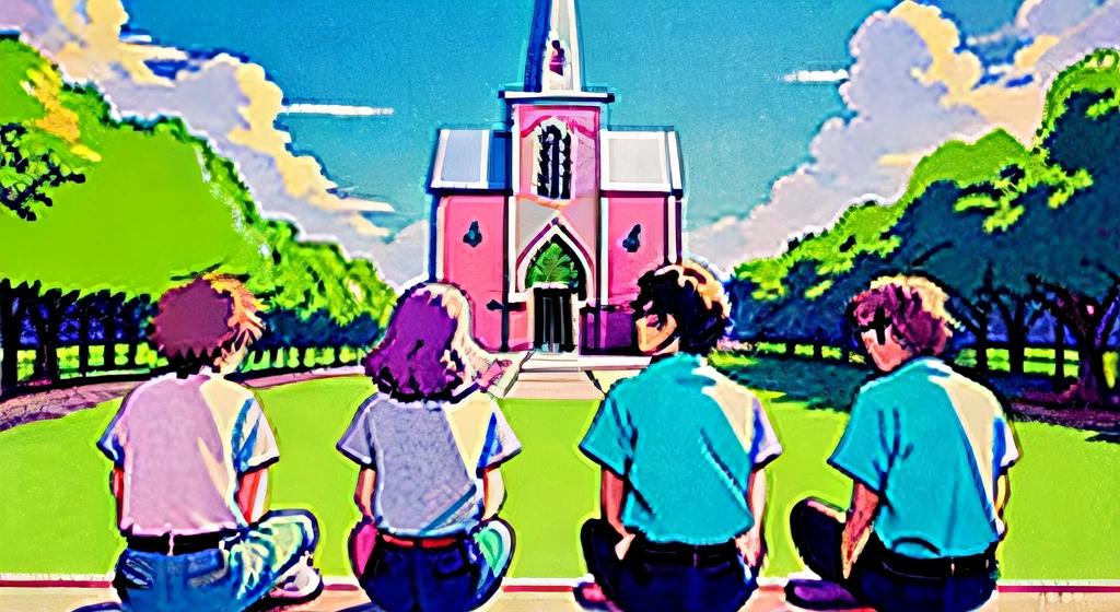 (top-quality:0.8)、(top-quality:0.8)、muted pastel colors、retro anime、1980s anime、Drawn with a marker、4 men and women、sitting on ground、without background、Facing each other、laughing、Rear view、In front of the church, full body
