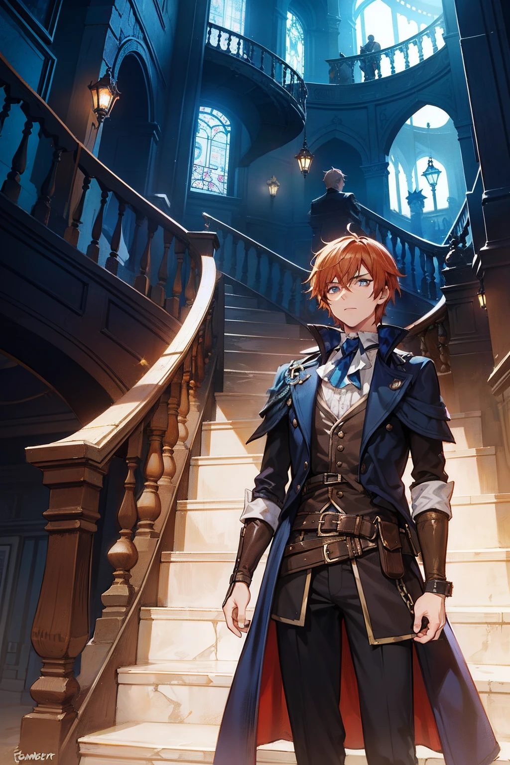 male people The character enters the foreground spiraling staircase gaslight The overall background is enveloped in blue light. male people steampunc {{ember}}