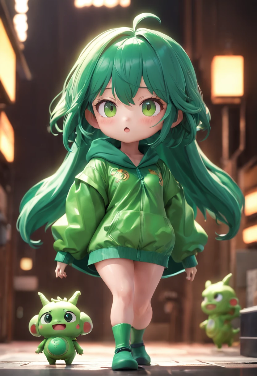 Cute girl characters in blind box style,Dressed in a little green monster costume,Busty body,clean backdrop,Funky to play blind box Pixar,Natural soft light,Realistic light and shadows,Frontal angle,Cold,Clean face,Best image quality and super detail。full - body perspective,。.3D, C4D,rendering by octane。Ray traching,8K,Black purple background