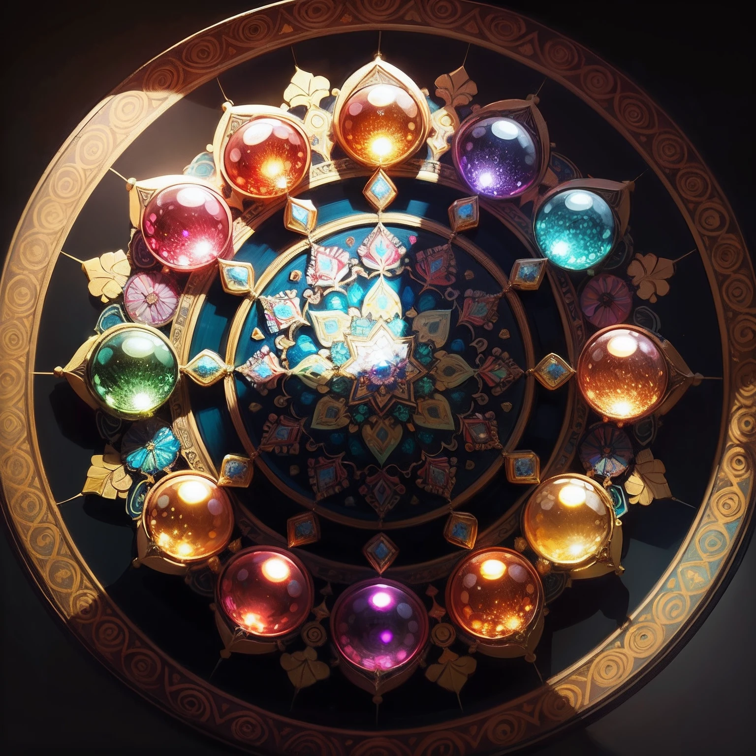 A Mandala imitating precious stones in its composition of each element with psychedelic lights, in layers of different bright colors, in round shapes, with diamond elements, with technological traits, realism, wallpaper, technology pieces