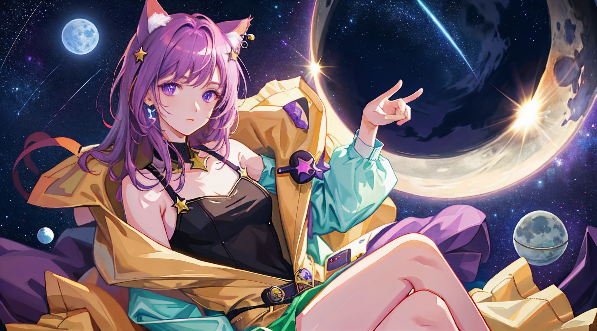 high-definition picture quality，Starcloud， constellation，  Space cat， planetes， Nipple Ring， themoon，Purple clothes，Cat ears， catss， full bloom，fond violet