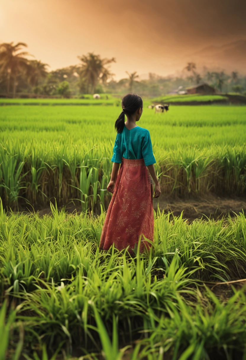 girl, cow, rice fields, afternoon