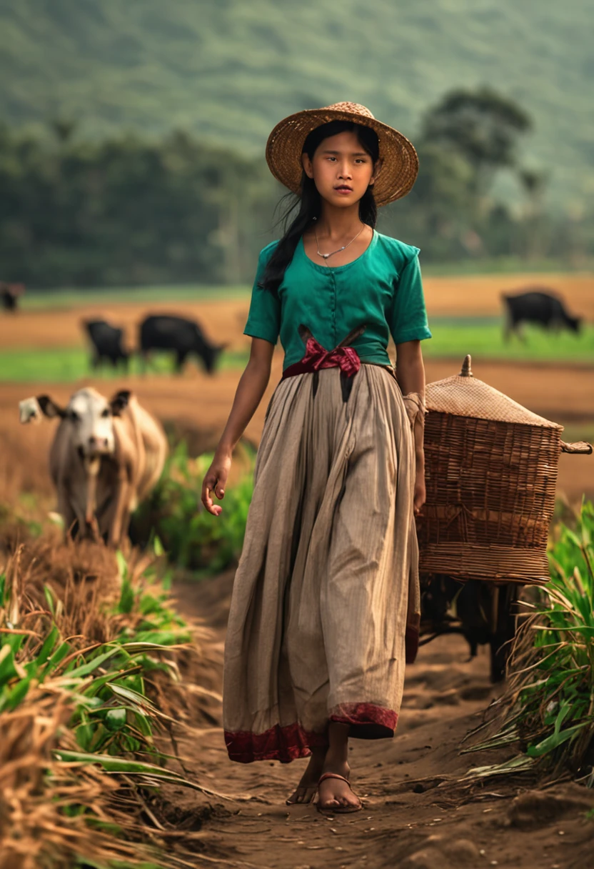 girl, cow, rice fields, afternoon