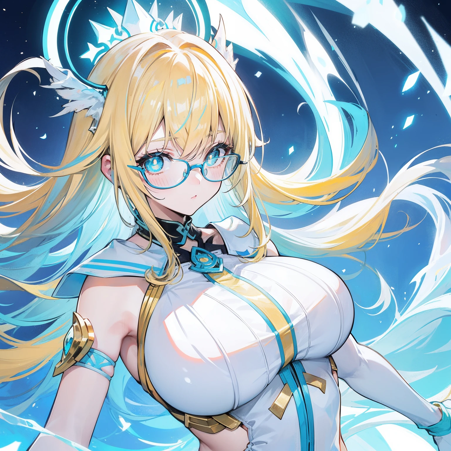 light blues,Yellow hair,Fluorescent milky white,Blue-pink pupils,Black thick-rimmed glasses,Yellow, Blue and white clothes,Super nice looking, Particularly sweet and cute female Aquaman,Light of faith