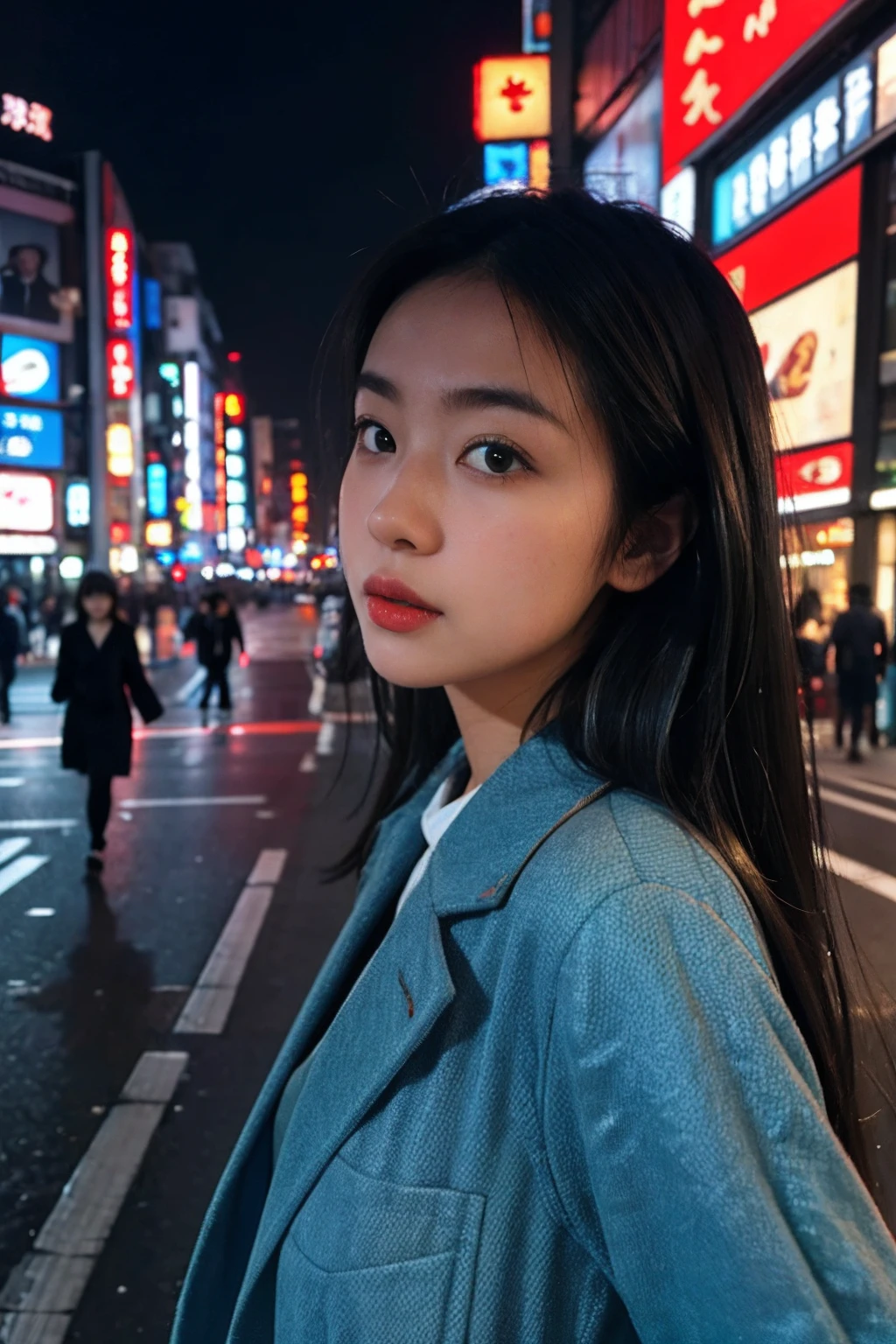 1girl, Tokyo street,night, cityscape,city lights, upper body,close-up, 8k, RAW photo, best quality, masterpiece,realistic, photo-realistic,
