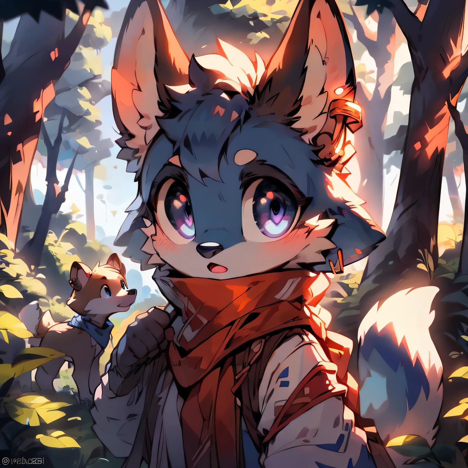A curious male white dog cub pokes its head out of the forest. He has white fur, Indigo eyes,Brown nose,Blue nose wing,Both ears have blue stripes,Blue-white tail,There are two gold earrings on the left ear, He wears a long blue-and-white scarf. His eyes were bright and surprised as he looked out of the study in the lush woods。, with a sunbeam coming through the trees. Small birds fly nearby,And in the distance there was a deer passing by. The fox cub was excited, Desire to express, Get ready to explore the outside world.