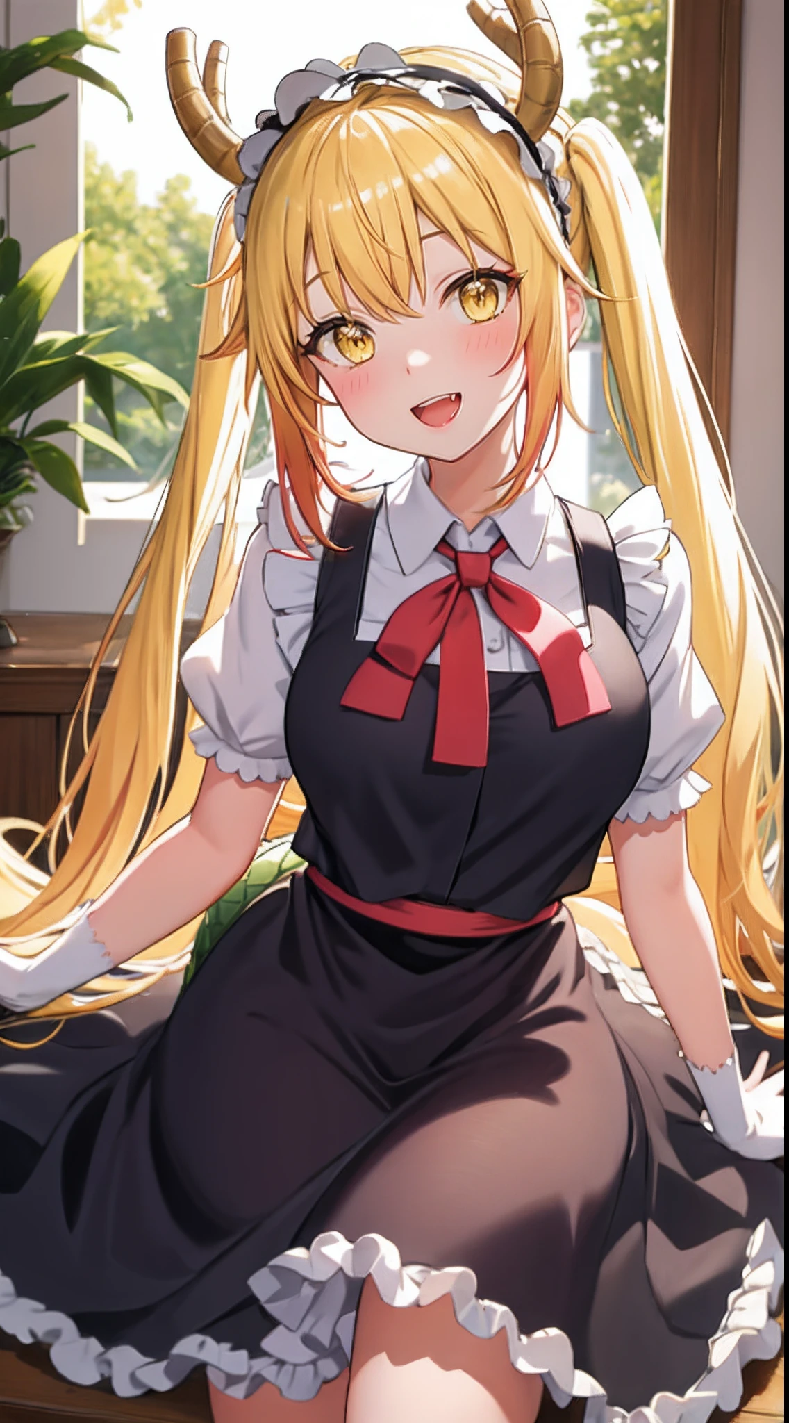 Masterpiece, high quality, high definition), 8k, natural lighting, elegant, voluptuous:0.6, looking at viewer, 1girl, female, solo, blush, open mouth, smile, teeth, sfw, tohru, blonde hair, dragon girl, dragon tail, fang, hair between eyes, horns, large tail, long hair, scales, tail, twintails, (yellow eyes:1.5), slit pupils, bow, frills, maid, maid headdress,