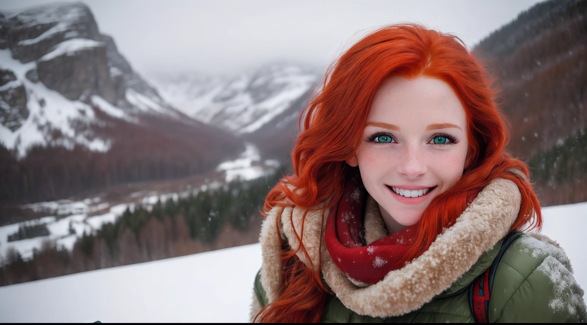 RAW photo, 8k UHD, red hair woman, young, green eyes, masterpiece, photography, Ultra realism, Realistic, enjoying her day on a snowy mountain, smiling, soft lighting, film grain, 8k UHD, DSLR, high quality, HDRI, Fujifilm XT3