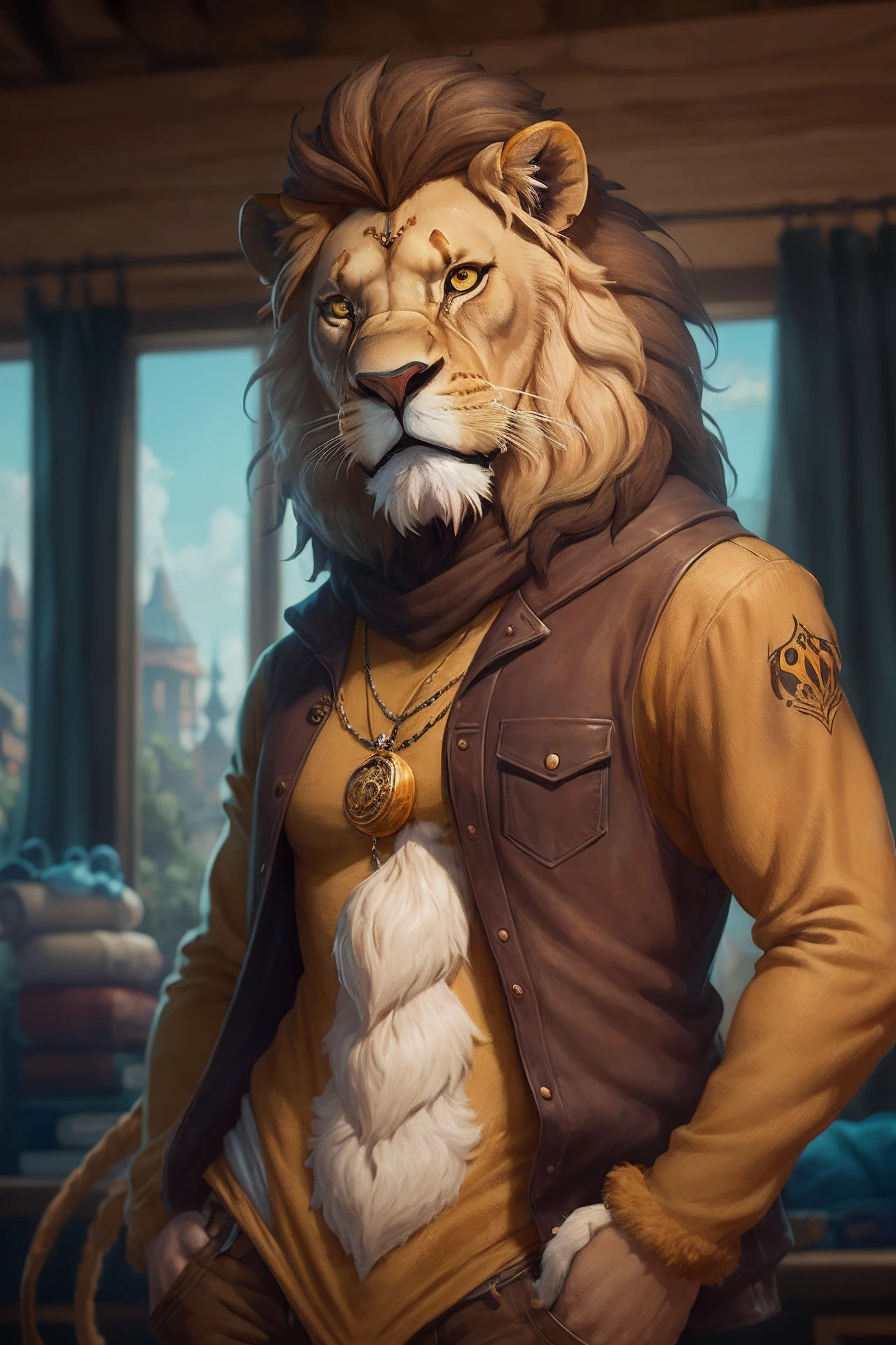 solo, male focus, lloydip, lion, blue eyes, blue nose, blue tongue, mane, vest, shirt, bow, sitting on chair, looking at viewer, smile, open mouth, teeth, detailed bar background, sunlight, masterpiece, intricate, ((detailed face, detailed eyes)), by zackarry911, by zaush, (by personalami:0.5), erection, thick cock,  4k, hi res, best quality, masculine,