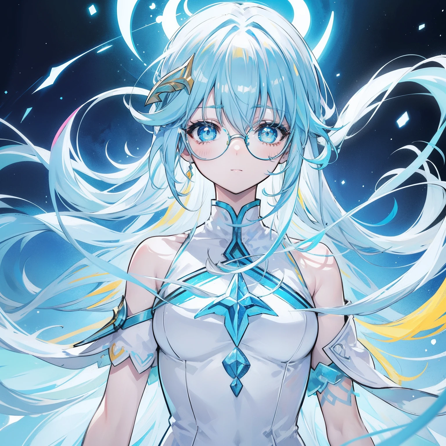 light blues，Yellow hair，Fluorescent milky white，Blue-pink pupils，Black thick-rimmed glasses，Yellow, Blue and white clothes，Super nice looking, Particularly sweet and cute female Aquaman，Light of faith
