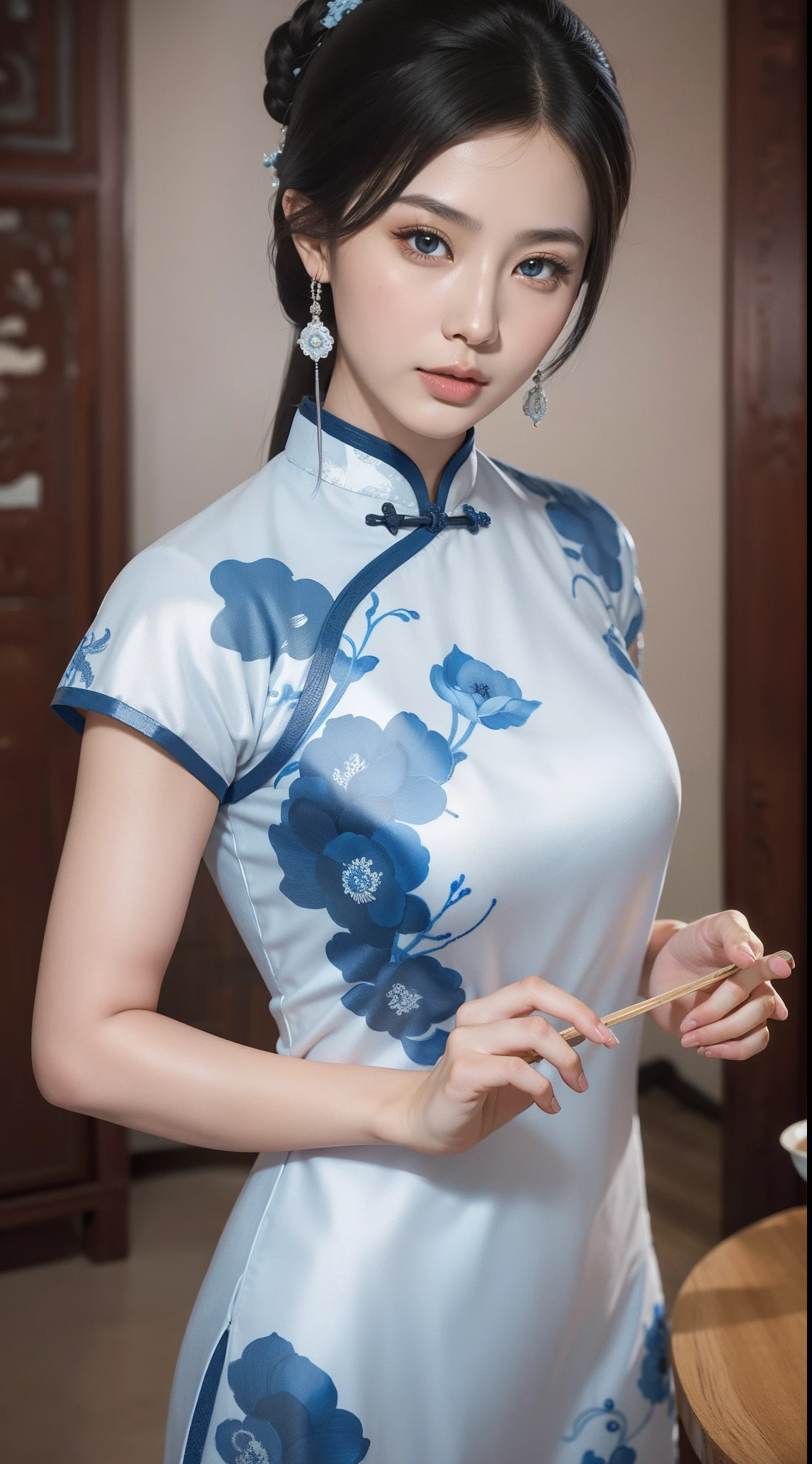 Blue and white porcelain style，China Cheongsam，The cheongsam is decorated with a blue and white pattern，ancient china art style，Fashion model 18 years old [[[[closeup cleavage]]]], [[[[boobgasm]]]], [[[[coll]]]], [[[[bshoulders]]]], perfect  eyes, Perfect iris，Perfect lips，perfect teeth，Perfect skin，with fair skin，Soft front light，hdr，Movie girl，The expression was melancholy，The background is an ancient Chinese interior，blue flowers，4K Ultra HD, 超高分辨率, (Photorealistic: 1.4), Best quality，Masterpiece，Utra dilution，（pastel colour：1.2）