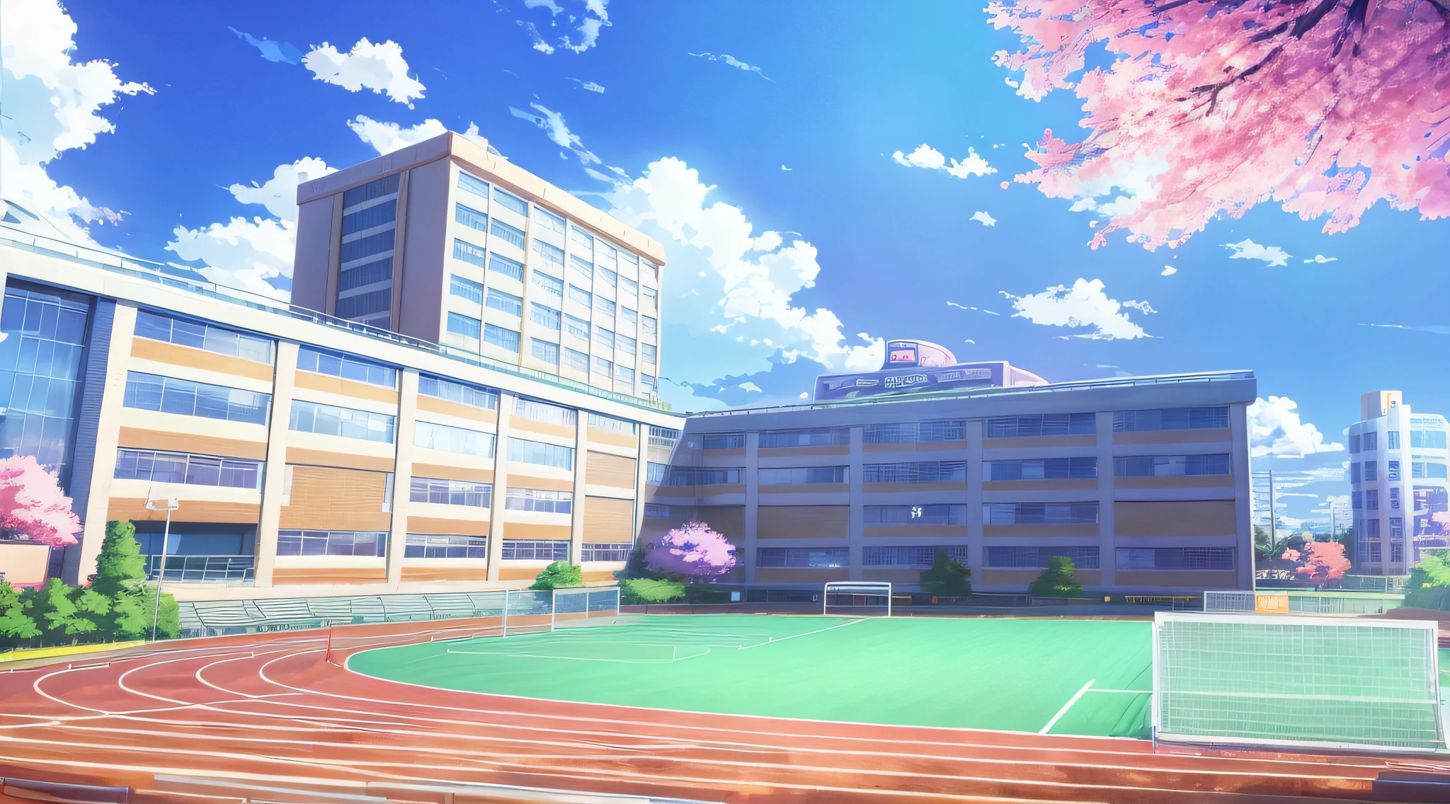 Anime city with football stadiums and running tracks in the foreground， Anime background art， highschool background， anime backgrounds， Anime landscapes， Anime landscape concept art， beautiful anime scenery， colorful anime movie background， anime movie backgrounds， volley court background， Anime background key visuals， Realistic anime 3 D style， Japan High School， The style of the Madhouse Studio anime， anime landscape