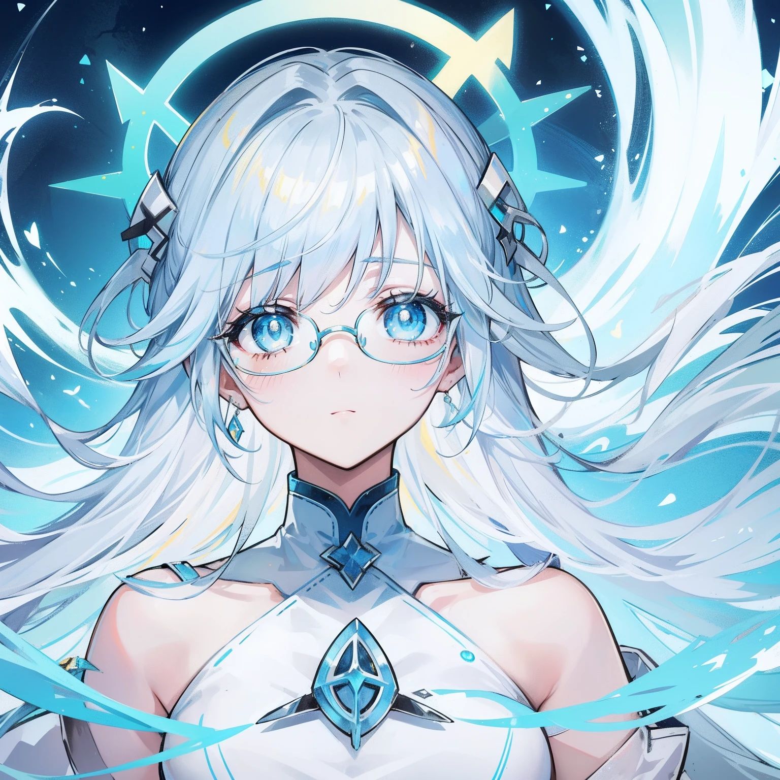 light blues,Yellow hair,Fluorescent milky white,Blue-pink pupils,Black thick-rimmed glasses,Yellow, Blue and white clothes,Super nice looking, Particularly sweet and cute female Aquaman,Light of faith