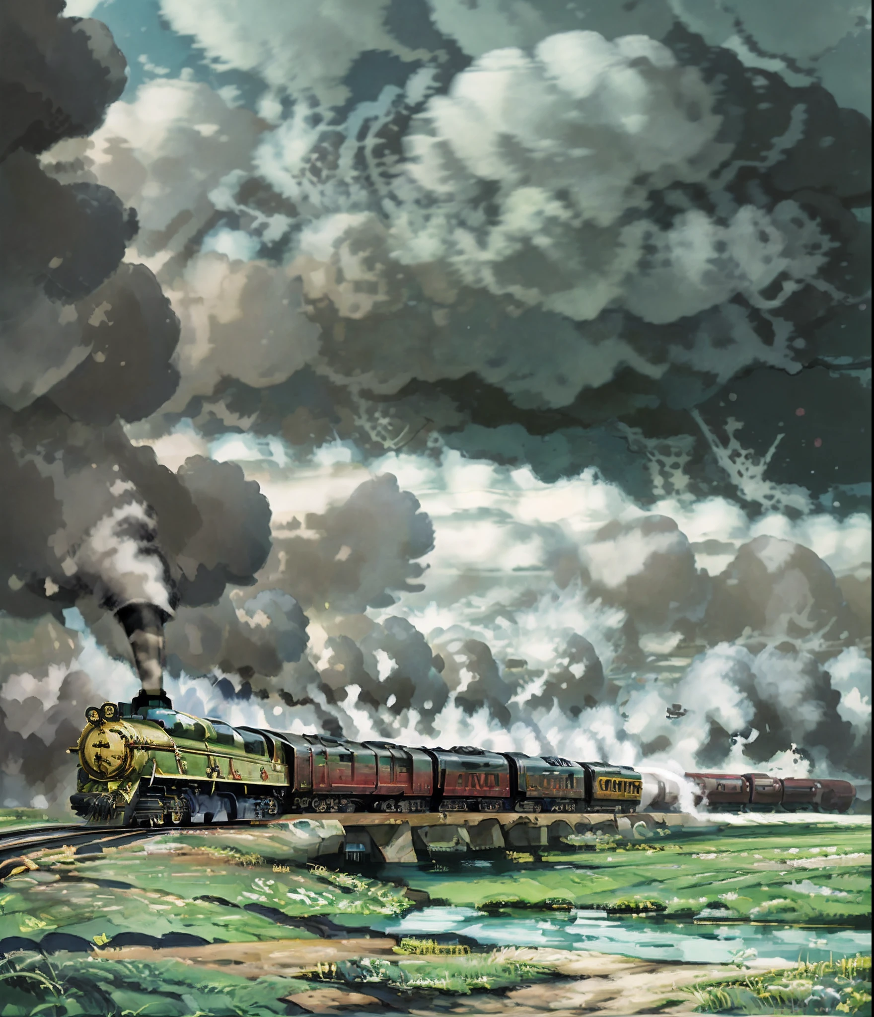 hyper HD，Meticulous and delicate art photography，The train travels through the natural landscape，Create fantastic light and shadow effects，Backlighting illuminates the picture，Delicate and rich painting style，Provides ultra-high resolution and clear focus，Create complex and stunning masterpieces of art，It's like a movie rendering of a character jumping on paper，Deliver ultra-high-quality models。