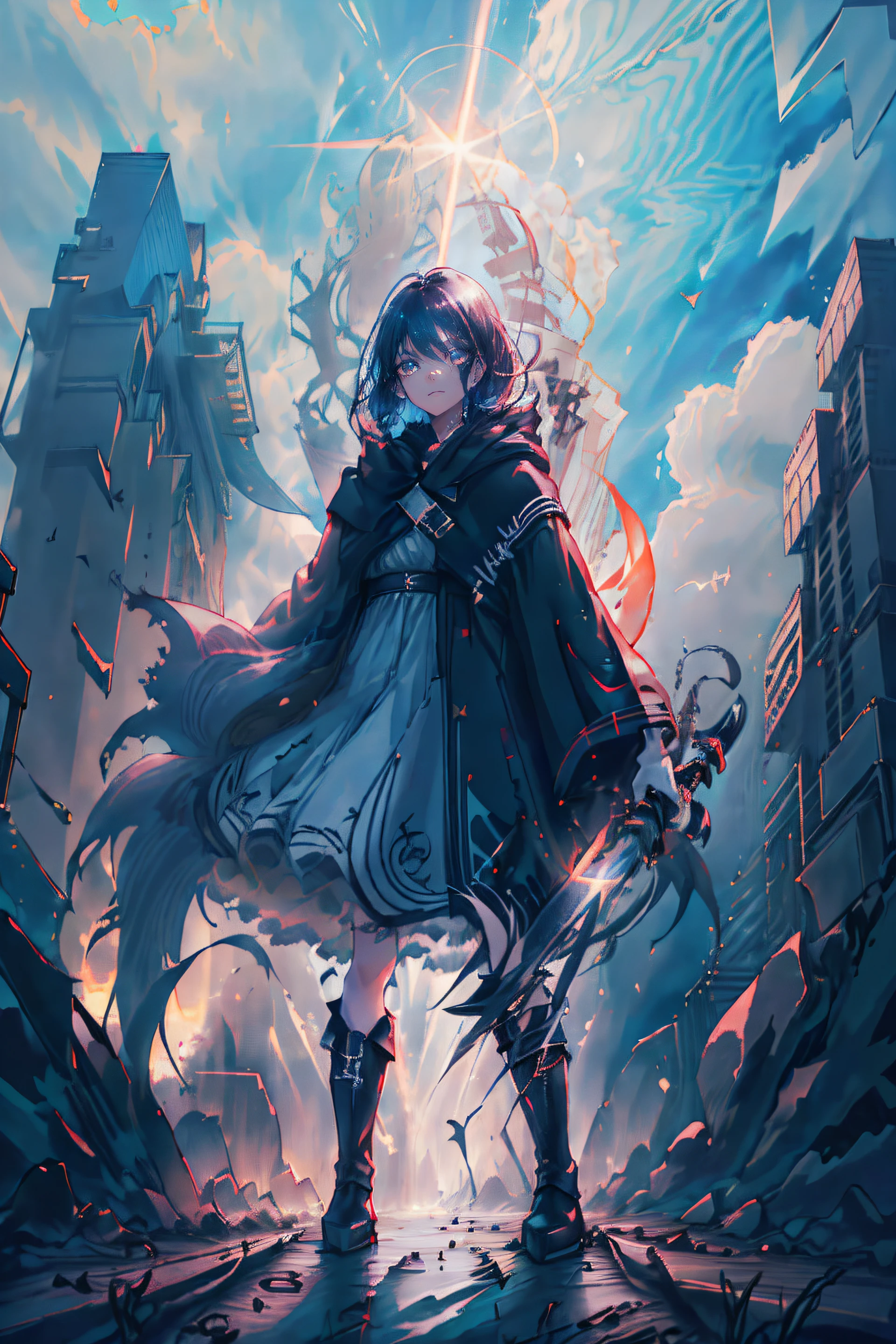 ((the girl with black hair:1.3),(Black cloak),(brunette color hair),(blackigeyes),(Crossed sword:1.2),(Black boots),Standing,urban backdrop+(Cloud crossing)+The blade illusion,Dark face, Perspective emphasizes the line, motionblur, Cinematic lighting, lens flare glow, 360 Panorama, Close HD 8K ultra-detailed texture) of a piece of high quality、high detal、Ultra HD 8K black-haired girl and crossed sword show the illusion of a dynamic blade against the backdrop of the city。