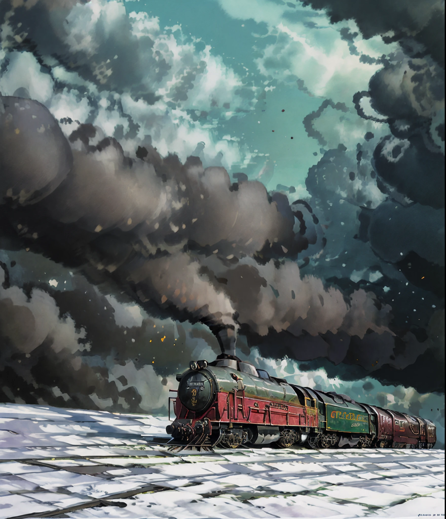 hyper HD，Meticulous and delicate art photography，The train travels through the natural landscape，Create fantastic light and shadow effects，Backlighting illuminates the picture，Delicate and rich painting style，Provides ultra-high resolution and clear focus，Create complex and stunning masterpieces of art，It's like a movie rendering of a character jumping on paper，Deliver ultra-high-quality models。