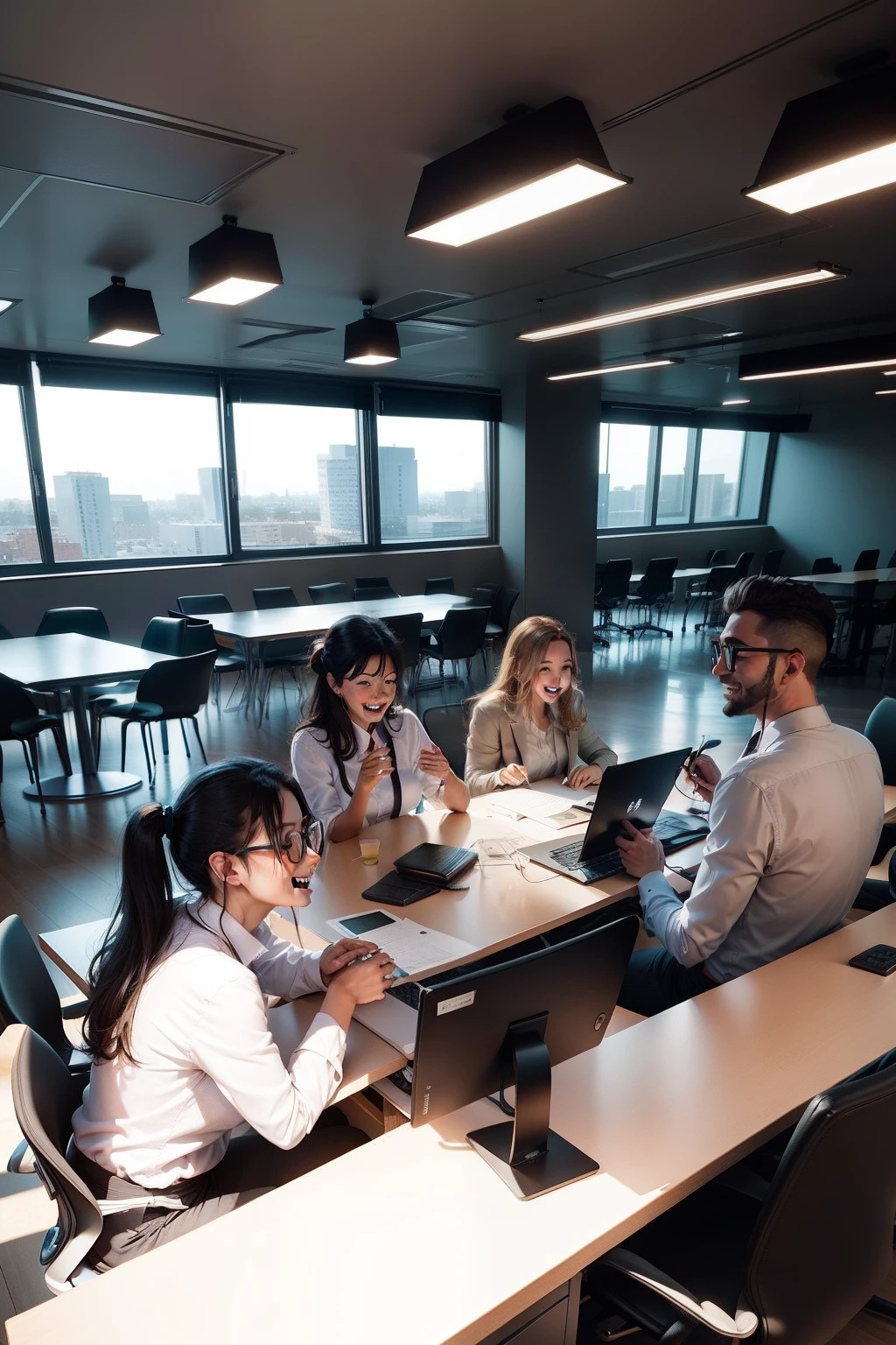 group of happy people professionals meeting work office large modern room