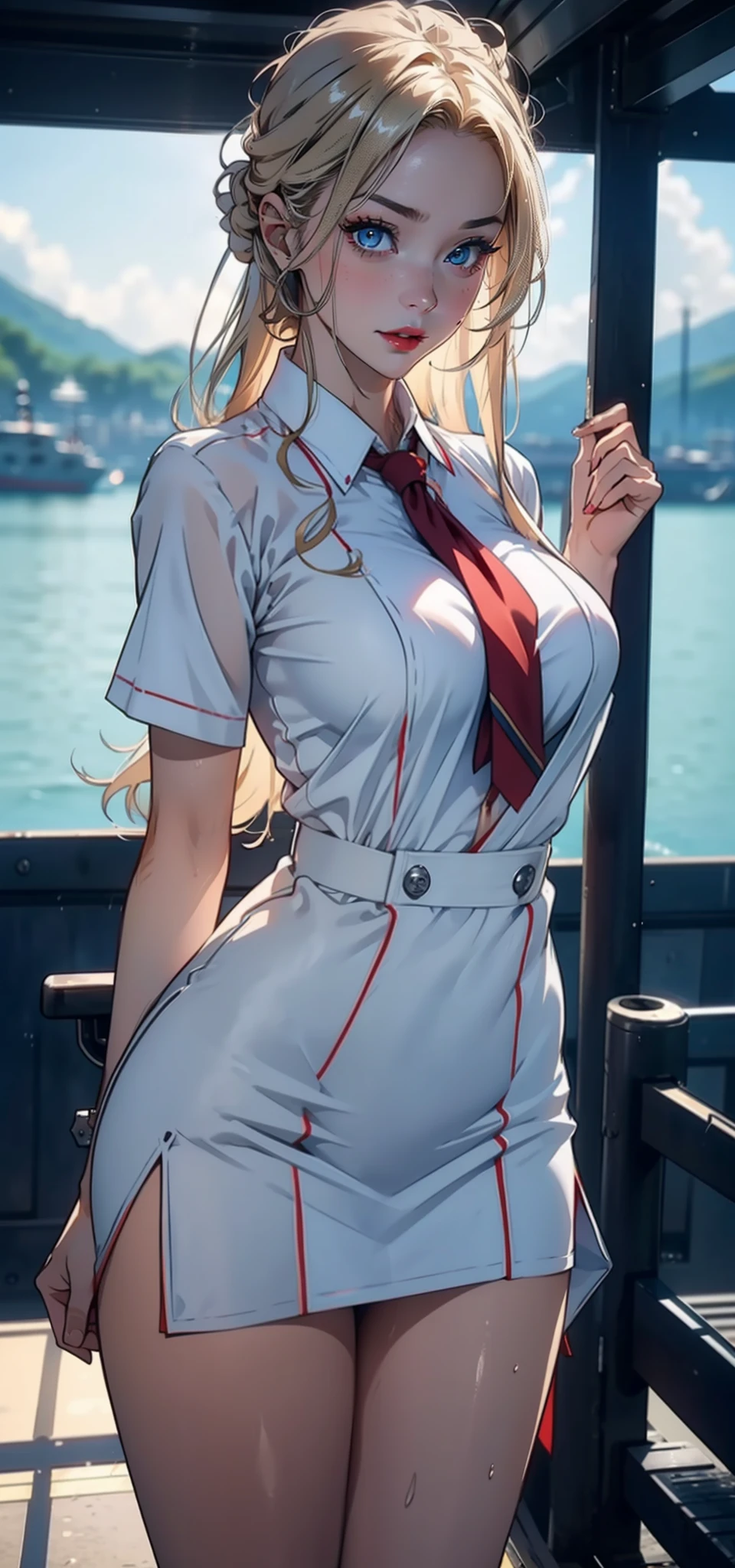 1womanl，33yo，熟妇，Bigchest，Raised sexy，Pornographic exposure， 独奏，Beauty contests，standing on your feet（Background with：Red flags flying，the sea，snow mountains，warships，at winter season，Blizzarding，Big snowflakes）On warships， She has long blonde hair，Long hair flutters in the wind，Redlip，dynamicposes，Sweat profusely，drenched all over the body，seen from the front， hair straight， mostly cloudy sky，（（（tmasterpiece），（Very detailed CG unity 8K wallpaper），best qualtiy，cinmatic lighting，detailed back ground，beatiful detailed eyes，Bright pupils，（Very fine and beautiful），（Beautiful and detailed eye description），Blue eyes，Redlip，ultra - detailed，tmasterpiece，）），facing at camera，（The upper part of the body），A high resolution，ultra - detailed），revealing breasts，Bare genitalia，  Bulge，legs are open，sexyposture，Camel toes，Flushed complexion，Open-mouthed，frontage，Japanese flight attendant（Wearing：White transparent flight attendant uniform，Sexy miniskirt）