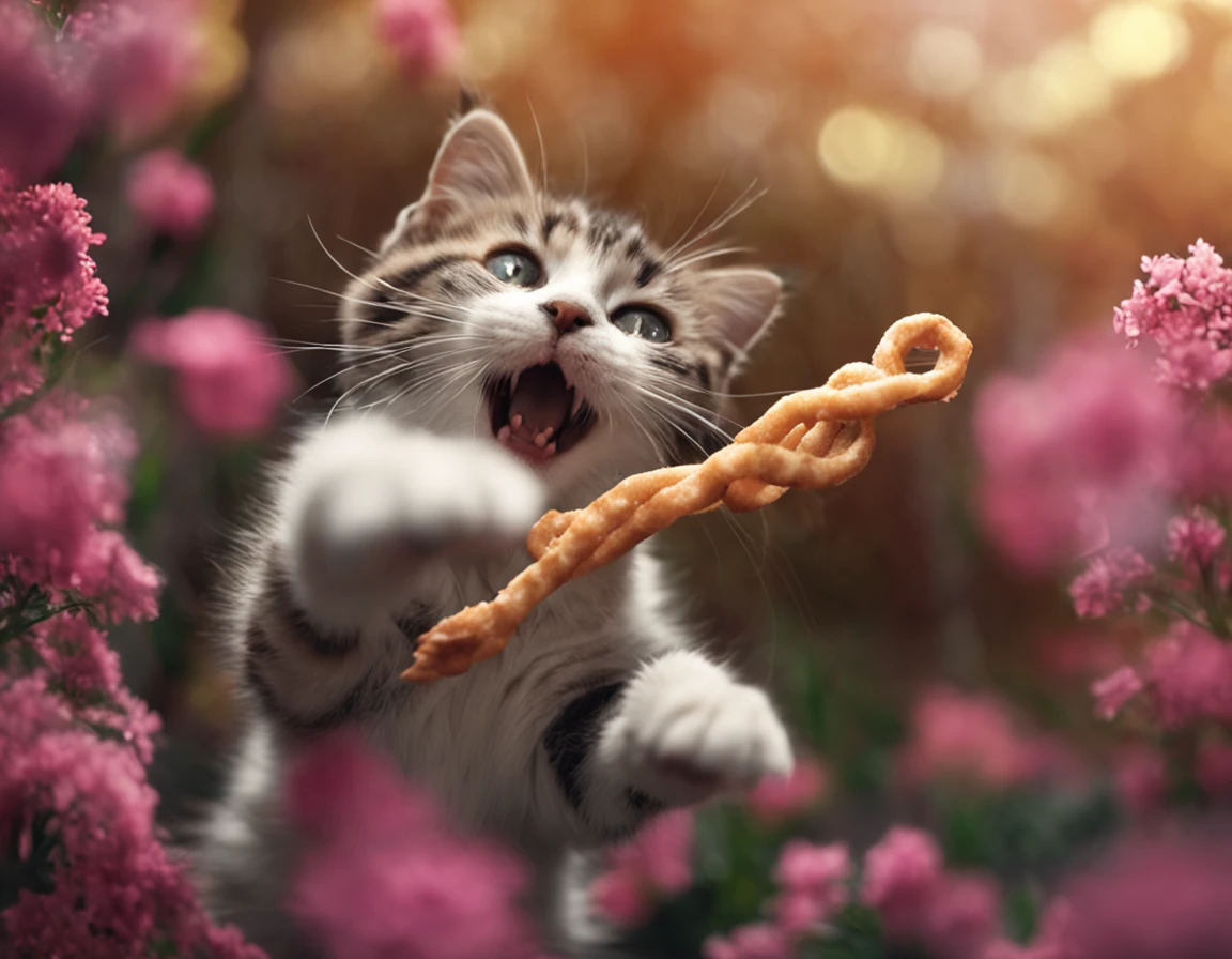 A cute cat jumps in mid-air,The paw extends diagonally to the front of the skewer。