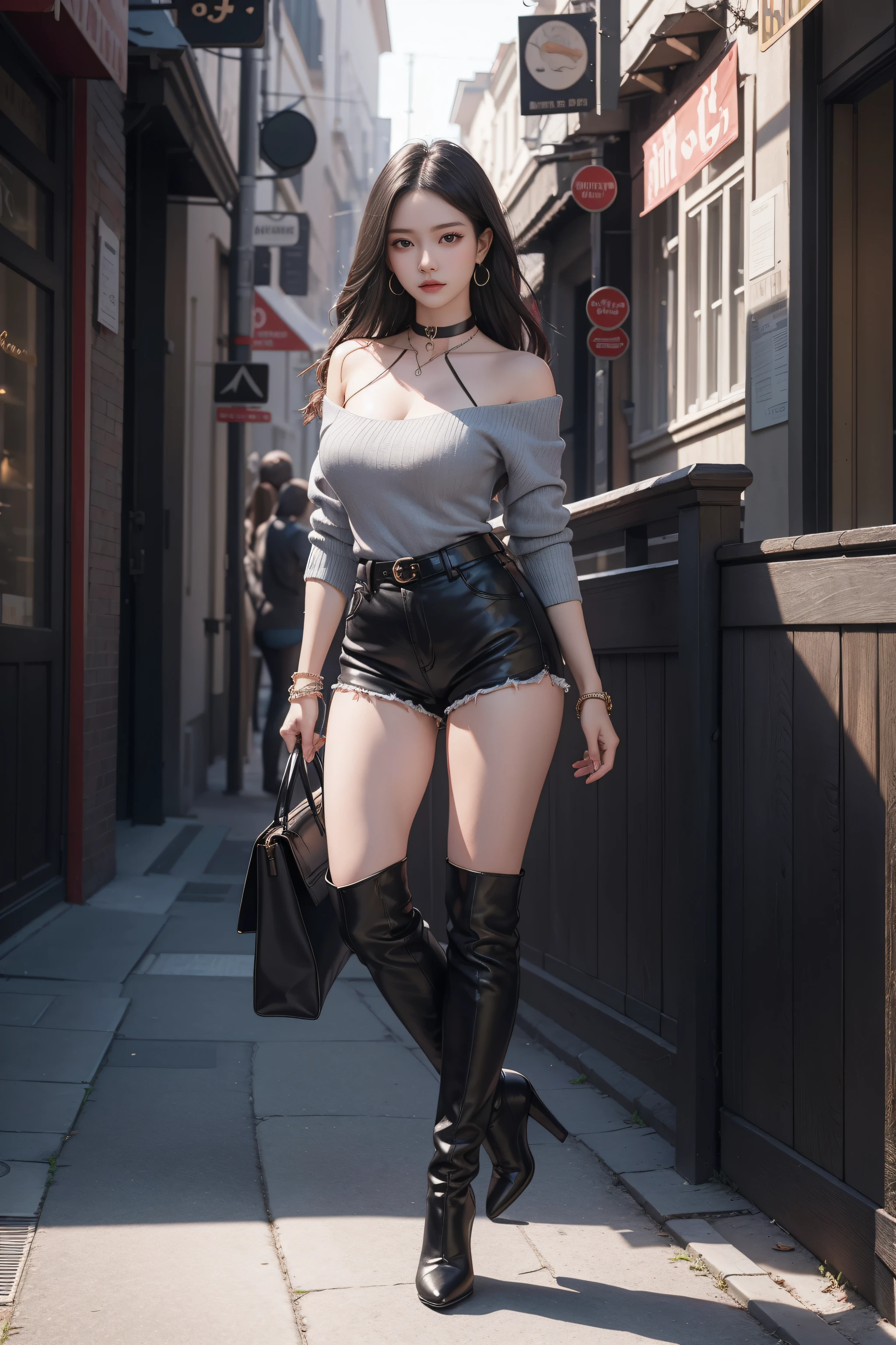 BestWorks,Ultra-high quality work,8K HD CG production,High-quality graphics,3D HD CG photos,Ultra-high pixel,Super refined:1.1,technical detail:1.1,Photorealistic,Interior lighting effects:1.1,Natural dimming,Light effect, (Virtual light effects: 1.8),Super high resolution,Fashion clothing photos,Short dark black hair,Careful strands of hair,Clear hair(Premium hair details:1.1)Big red eyes, Sharp eye makeup, Fine makeup eyelashes, Thin eyebrows, Super detailed eyes,High nose, Nice red lips, no smile, pursed lips, rosycheeks, A face with delicate makeup , Pretty face, a face with perfect proportion, full bodyesbian, Mature and excited body, Detailed skin texture, Wide breasts, Big breasts, Well-proportioned breasts, Slim waist,Background with:Walk the streets of the city,Wear black leather shorts,shorter pants,Leather shorts,Spice girls,Light blue sweater,high heels boots,With earrings,Collar,Bracelet,fully body photo,Dress for photos,Goddess photo,True HD photo,Clear full-body photo,Clear feet