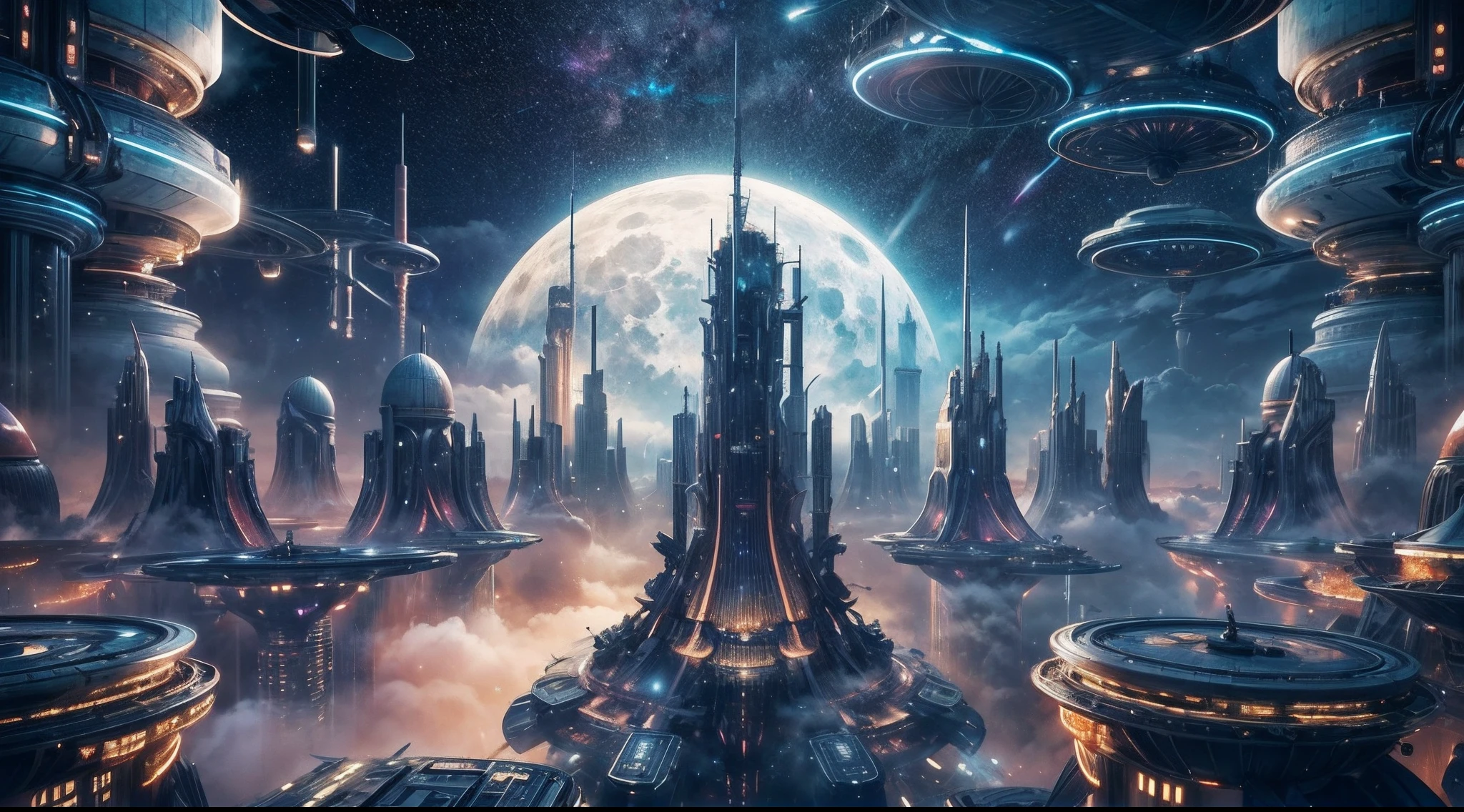 A beautiful shiny interstellar city in the clouds surrounded by clouds under a full moon| It is a stunning screensaver| The city is a space port city| It is absolutely outstanding| The city looks like something out of a science fiction movie