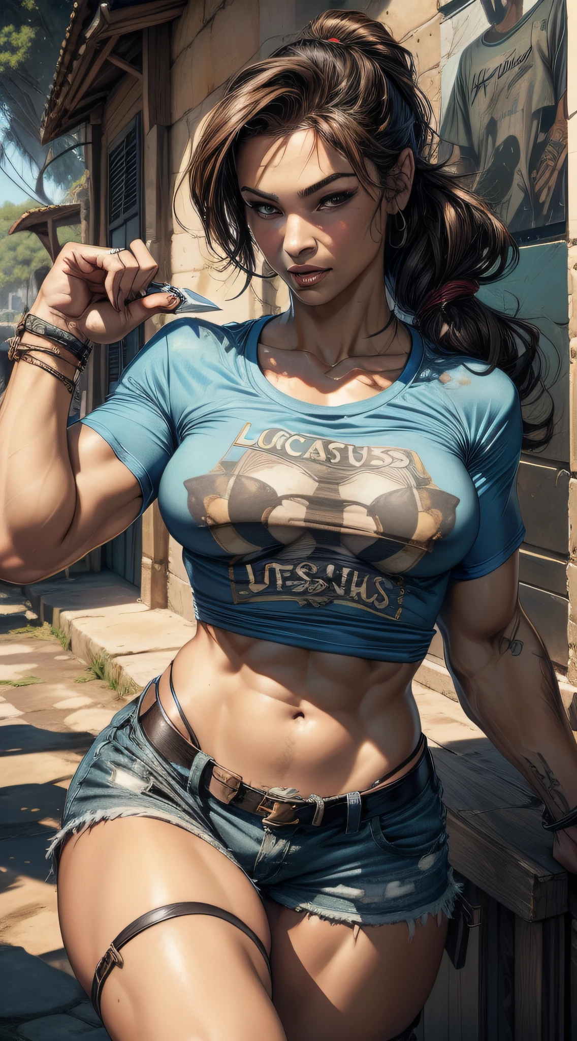 pinup Lara Croft, gil elvgren, sexy body, pretty face, sexy pose,  (T-shirt has the words "LUCASTOS":1.5), shorts, gum, knife