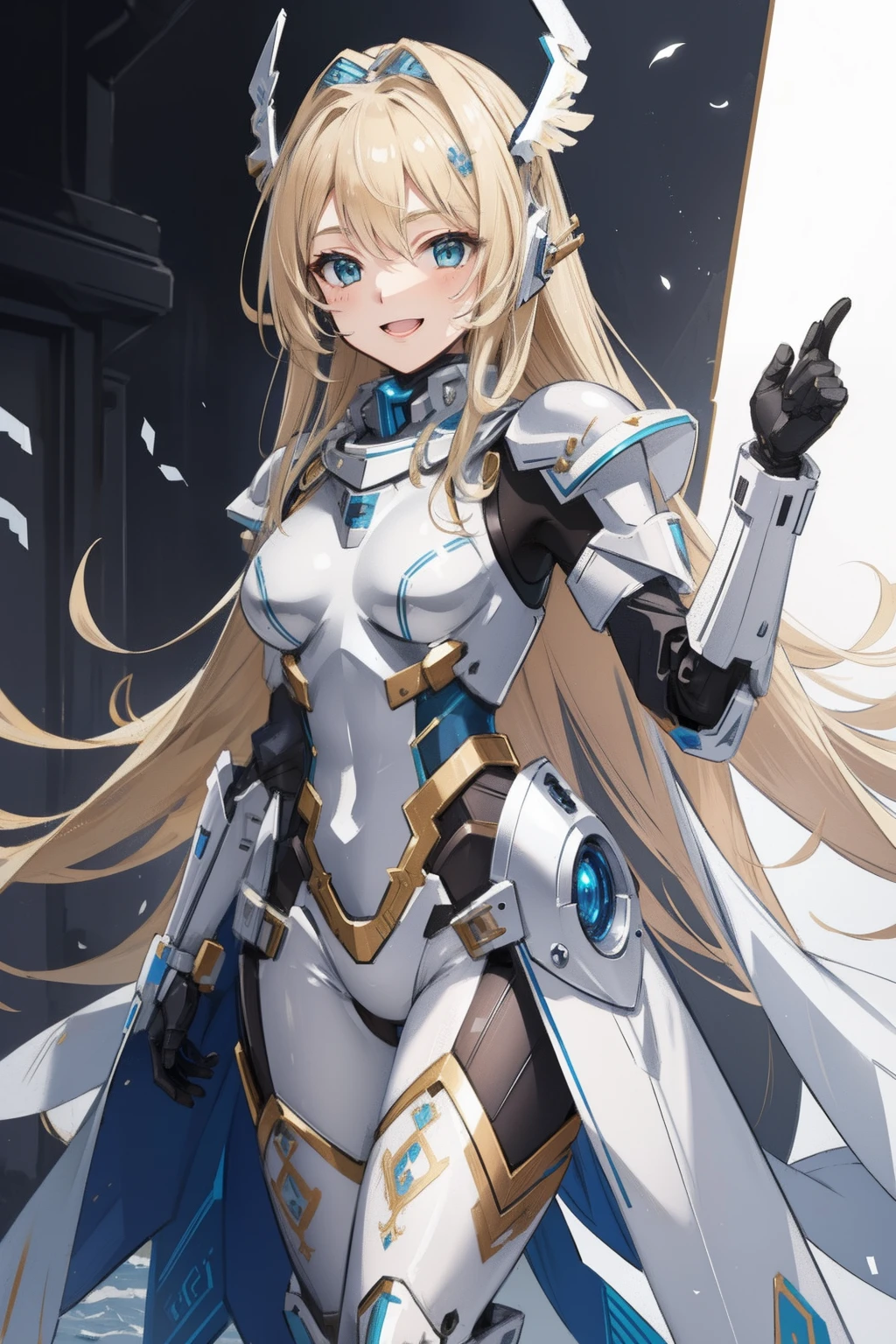 (master piece, Best Quality), Intricate details, valkyrie, kawaii, Happy smile, (((Laugh))), Hand up, Looking at Viewer, Feather Headgear, sea
1 girl, Solo, Portrait, Tentacle ash blonde hair, single thighhigh, Independent single sleeve, gloves,
mecha musume, Droid, mechs, white bodysuit, silver reinforced suit, silver pantyhose, full armor,